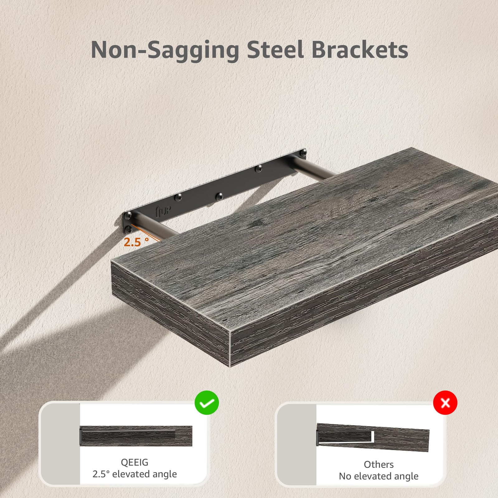 QEEIG Bathroom Floating Shelves for Wall - 15.7" Wall Mounted Shelf Over Toilet Farmhouse Home Decor Display Bookshelf Small 15.7 x 6.7 inch Set of 2, Rustic Brown (008-40BN)