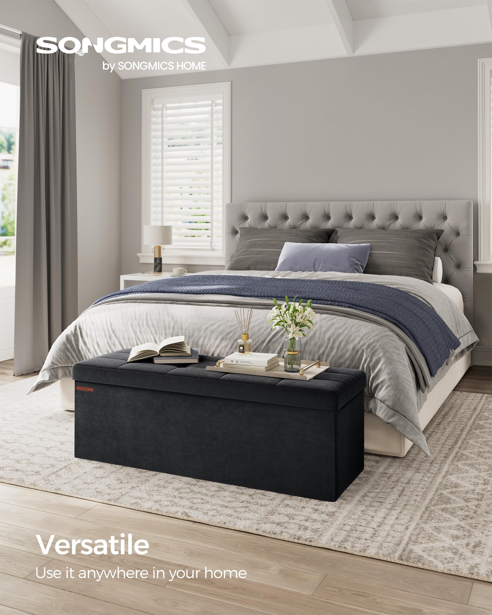 SONGMICS Mazie Collection - Storage Ottoman Bench, Foldable Foot Rest, 15 x 43 x 15 Inches, End of Bed Bench, Storage Chest, Load 660 lb, Living Room, Bedroom, Entryway, Jelly Pink ULSF277R01