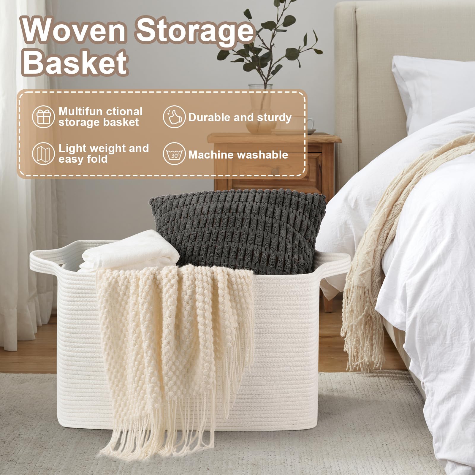 95L Extra Large Blanket Basket, 24" x 16.9" x 14.2" Woven Storage Basket for Living Room, Rectangle Nursery Blanket Storage for Toys, Towels, Dirty Clothes (Black)