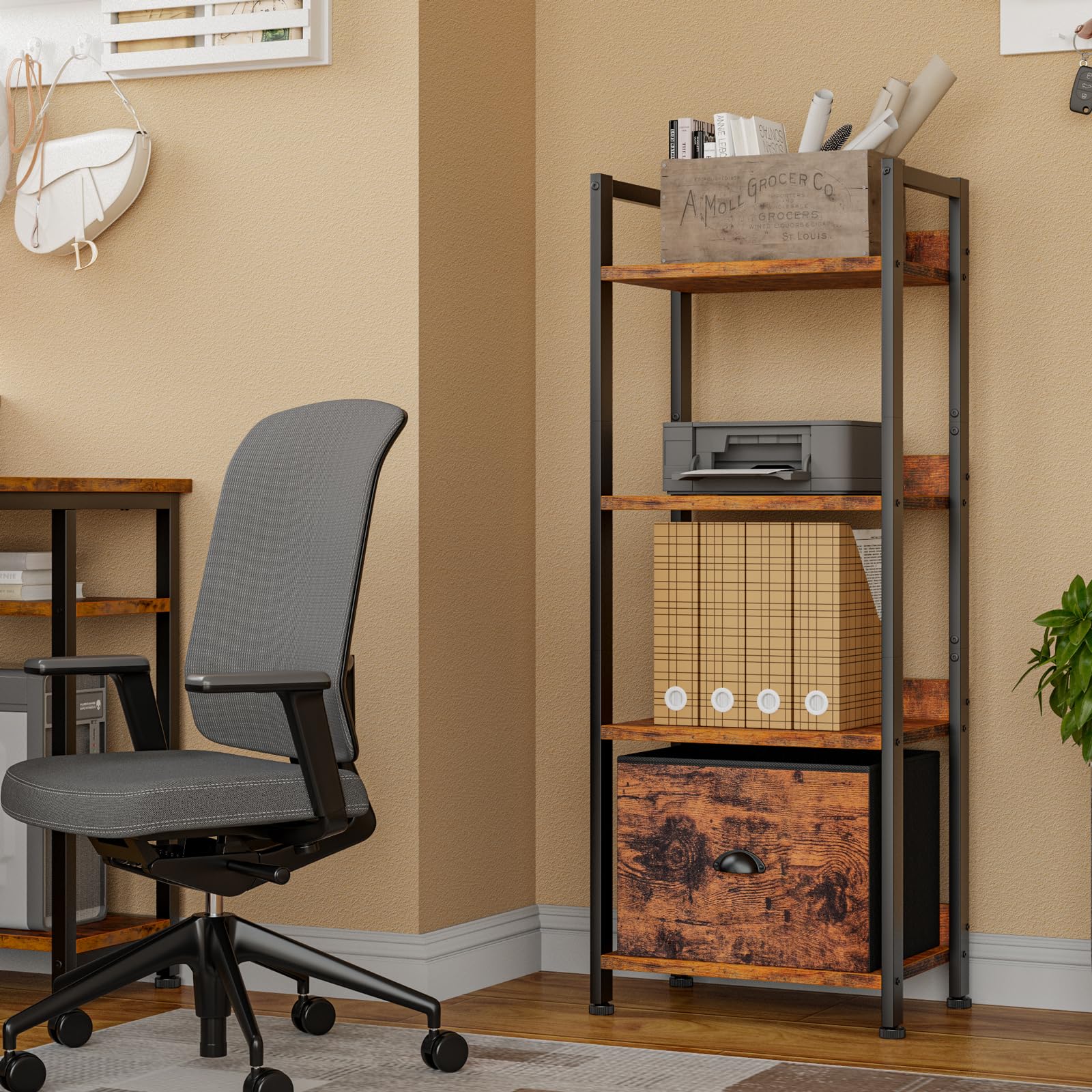 Furologee 5 Tier Bookshelf with Drawer, Tall Narrow Bookcase with Shelves, Wood and Metal Bookshelves Storage Organizer, Industrial Display Standing Shelf Unit for Bedroom, Living Room, Rustic Brown