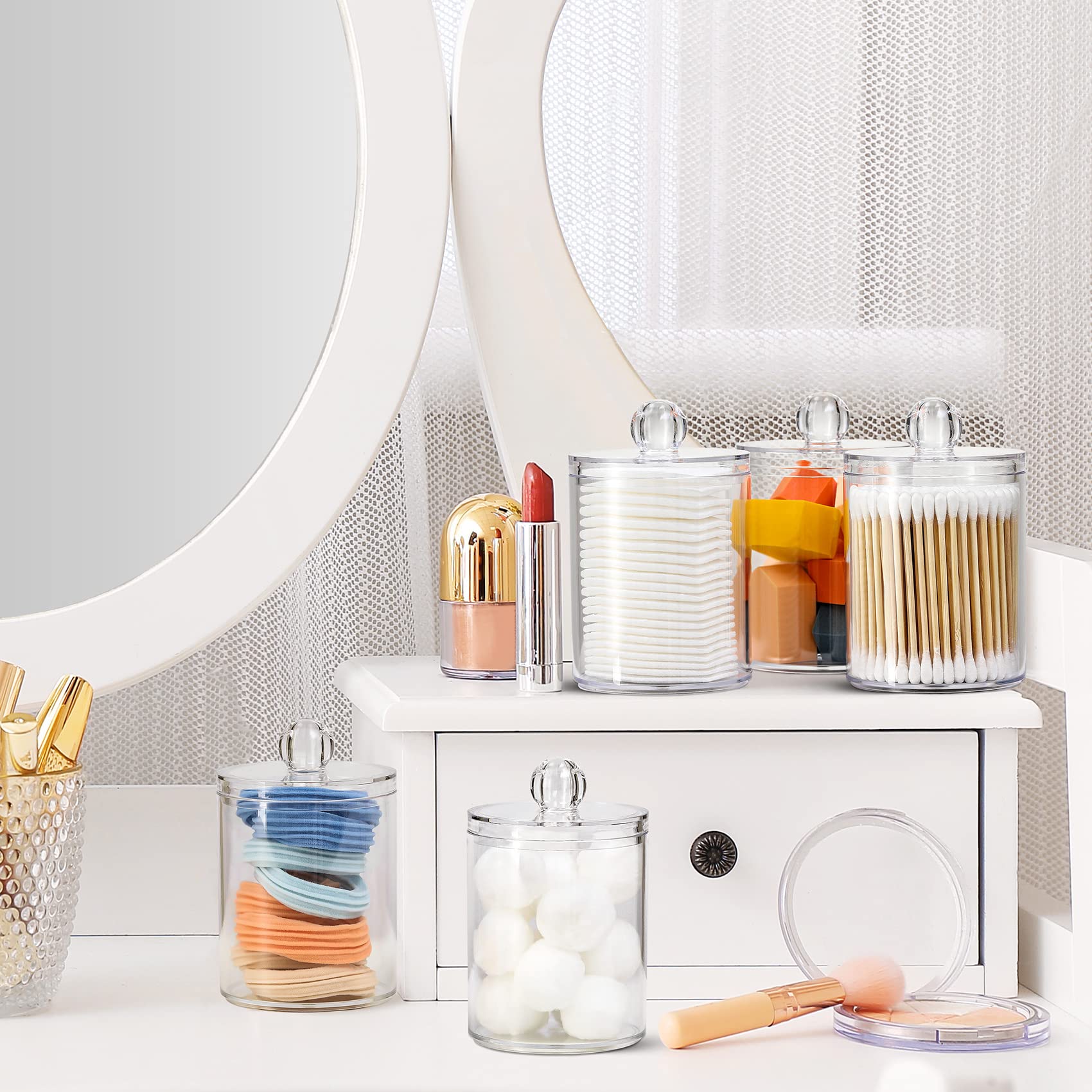 4 Pack Acrylic Qtip Holder Dispenser for Cotton Swabs, Balls, Pads, Floss Picks- Small Clear Plastic Canister Apothecary Jar Set, Bathroom Essentials Accessories Decor, Vanity Makeup Storage Organizer