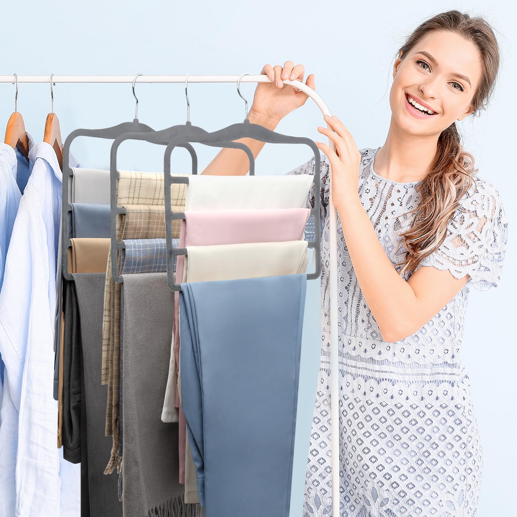 Closet Organizers and Storage,3 Pack Organization and Storage Pants-Hangers-Space-Saving,Velvet Hanger for Dorm Room for College Students Girls Boys Guys Hanging Jean Scarf