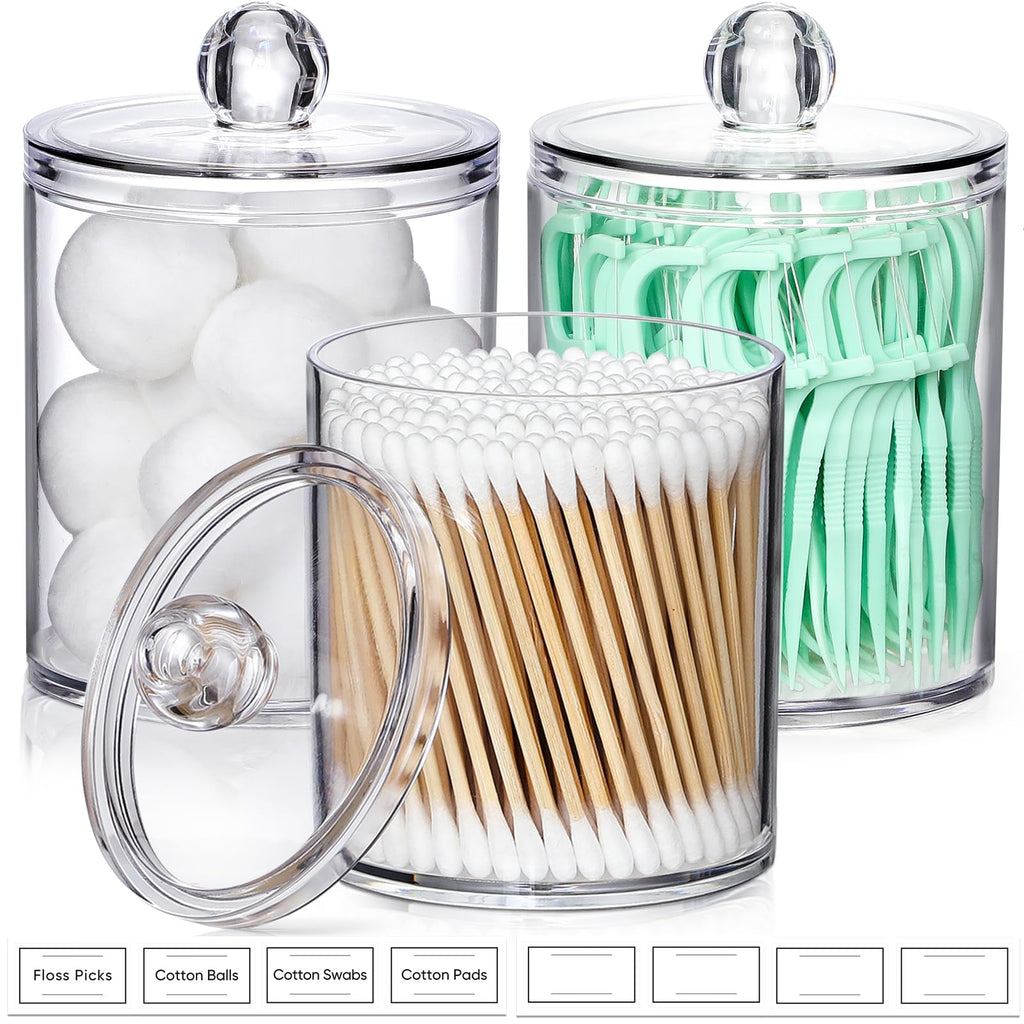 4 Pack Acrylic Qtip Holder Dispenser for Cotton Swabs, Balls, Pads, Floss Picks- Small Clear Plastic Canister Apothecary Jar Set, Bathroom Essentials Accessories Decor, Vanity Makeup Storage Organizer
