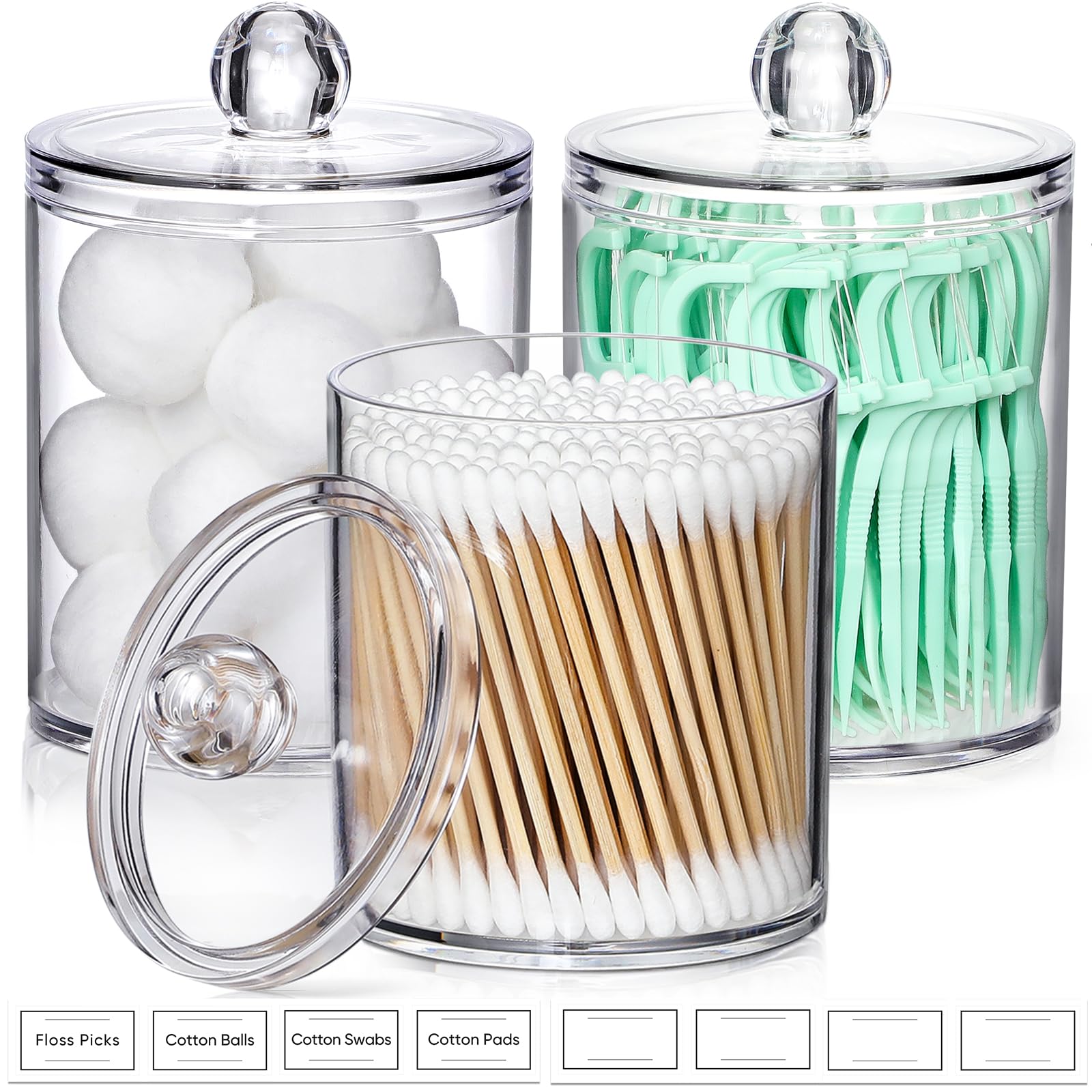 4 Pack Acrylic Qtip Holder Dispenser for Cotton Swabs, Balls, Pads, Floss Picks- Small Clear Plastic Canister Apothecary Jar Set, Bathroom Essentials Accessories Decor, Vanity Makeup Storage Organizer