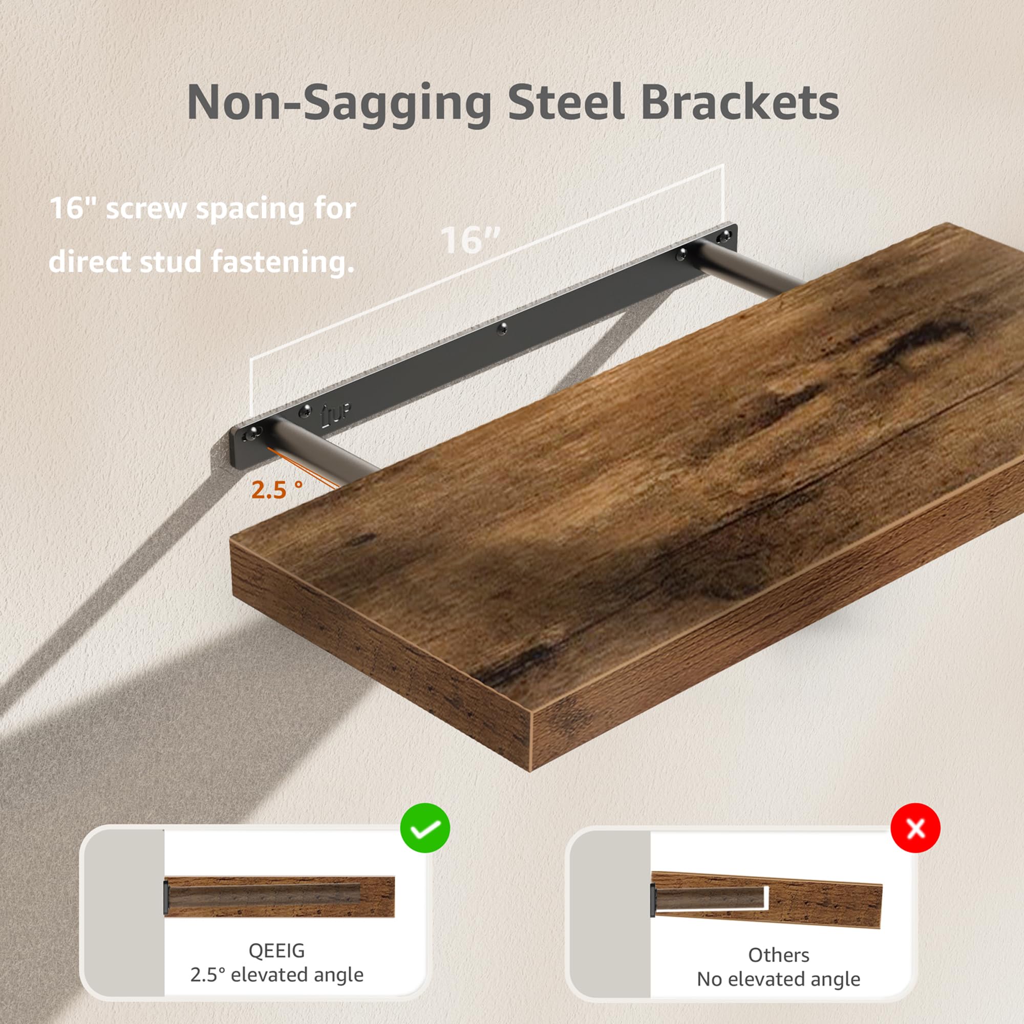 QEEIG Bathroom Floating Shelves for Wall - 15.7" Wall Mounted Shelf Over Toilet Farmhouse Home Decor Display Bookshelf Small 15.7 x 6.7 inch Set of 2, Rustic Brown (008-40BN)