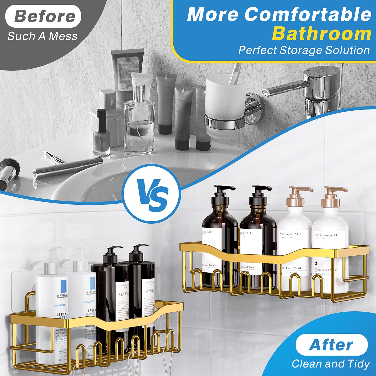 EUDELE Adhesive Shower Caddy, 5 Pack Rustproof Stainless Steel Bath Organizers With Large Capacity, No Drilling Shelves for Bathroom Storage & Home Decor