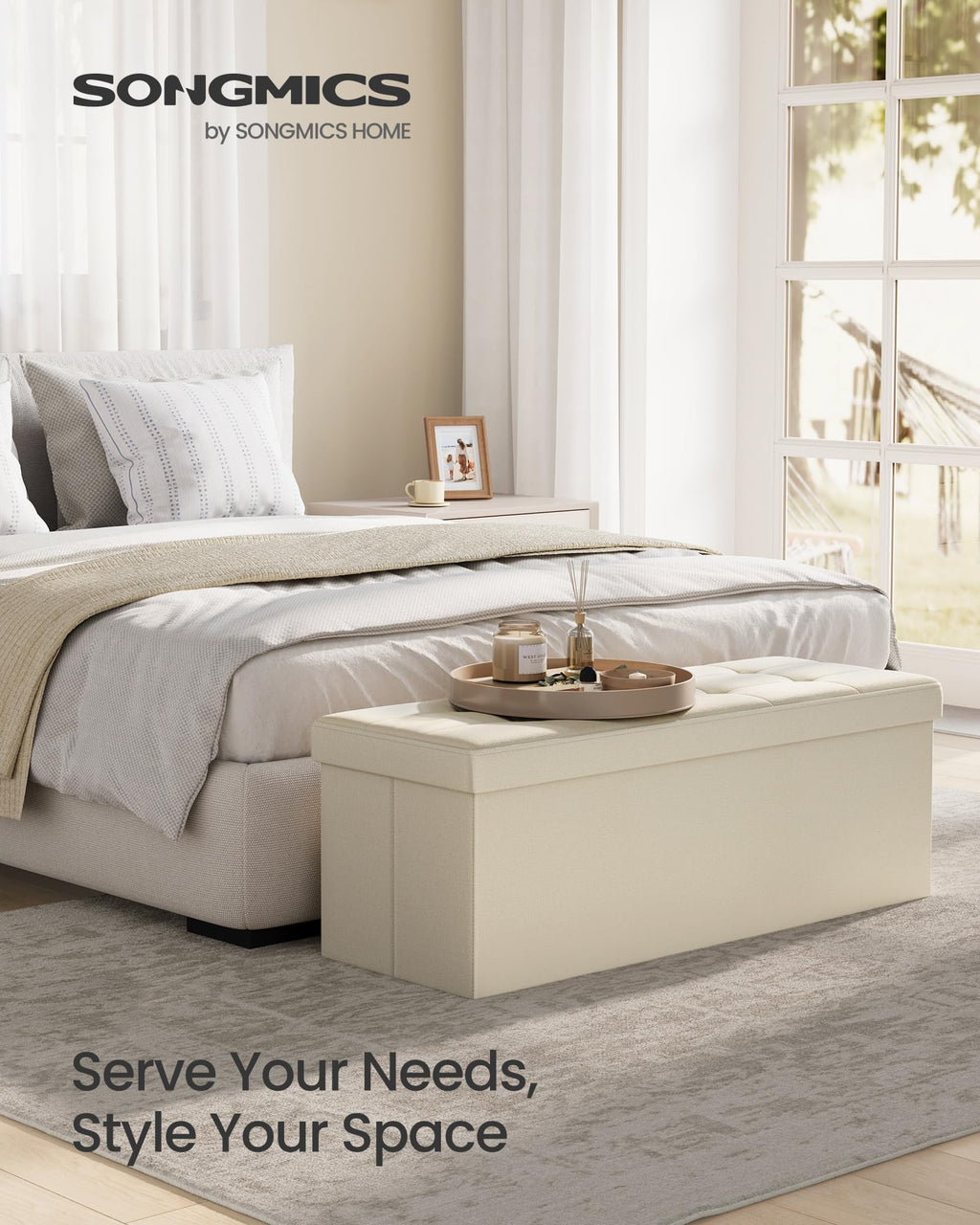 SONGMICS Mazie Collection - 30 Inches Folding Storage Ottoman Bench, Ottoman Foot Rest, End of Bed Bench, Storage Chest, Load 660 lb, for Living Room, Bedroom, Entryway, Ink Black ULSF047B01