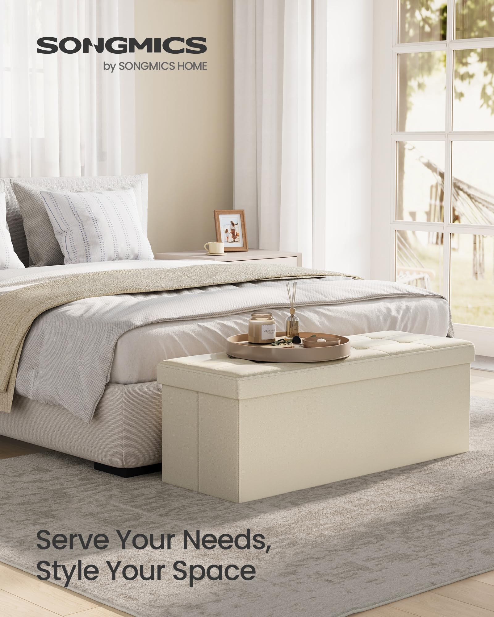 SONGMICS Mazie Collection - 30 Inches Folding Storage Ottoman Bench, Ottoman Foot Rest, End of Bed Bench, Storage Chest, Load 660 lb, for Living Room, Bedroom, Entryway, Ink Black ULSF047B01