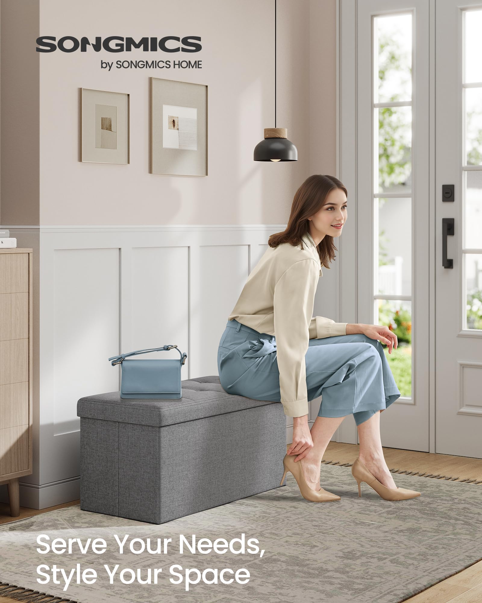 SONGMICS Mazie Collection - 30 Inches Folding Storage Ottoman Bench, Ottoman Foot Rest, End of Bed Bench, Storage Chest, Load 660 lb, for Living Room, Bedroom, Entryway, Ink Black ULSF047B01