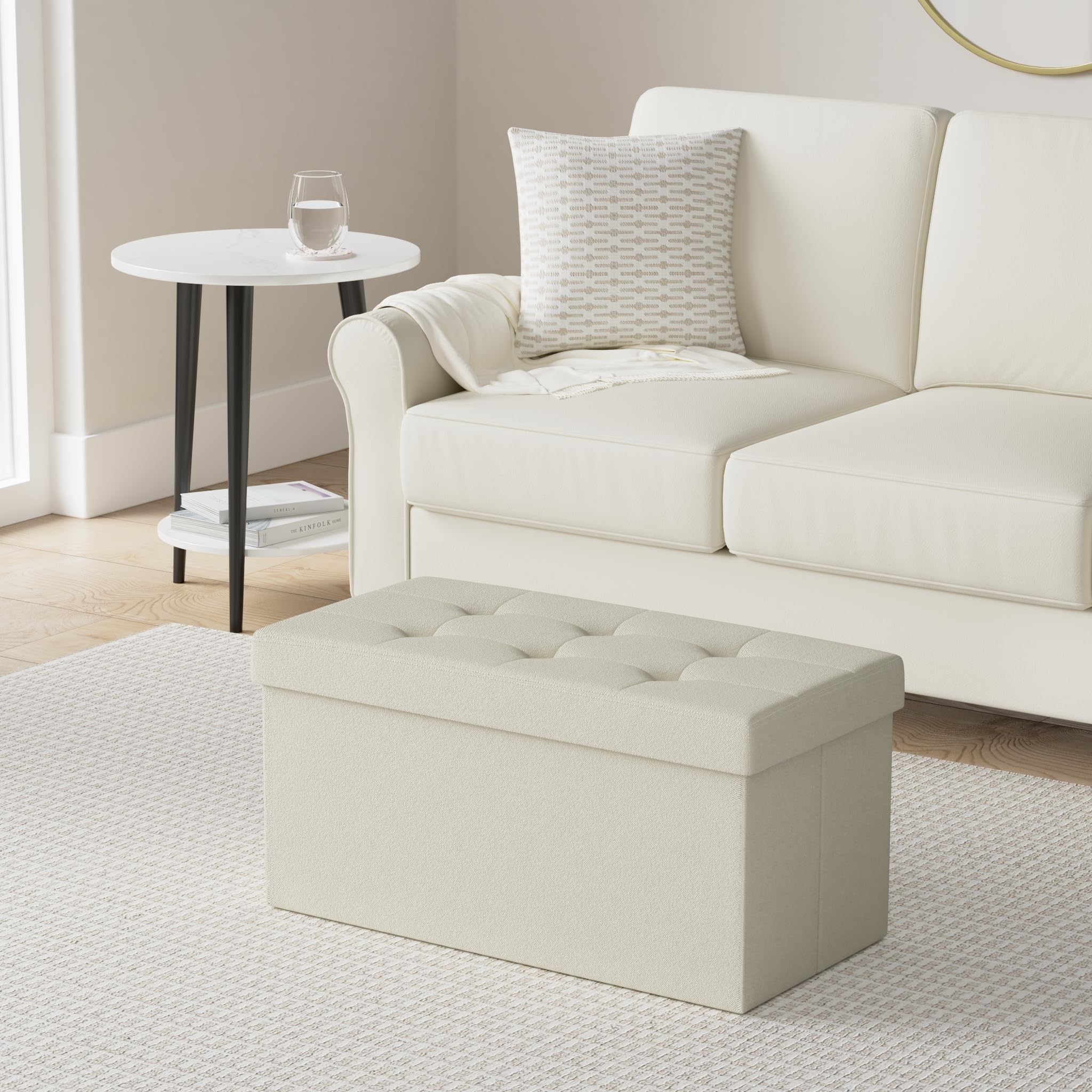 SONGMICS Mazie Collection - 30 Inches Folding Storage Ottoman Bench, Ottoman Foot Rest, End of Bed Bench, Storage Chest, Load 660 lb, for Living Room, Bedroom, Entryway, Ink Black ULSF047B01