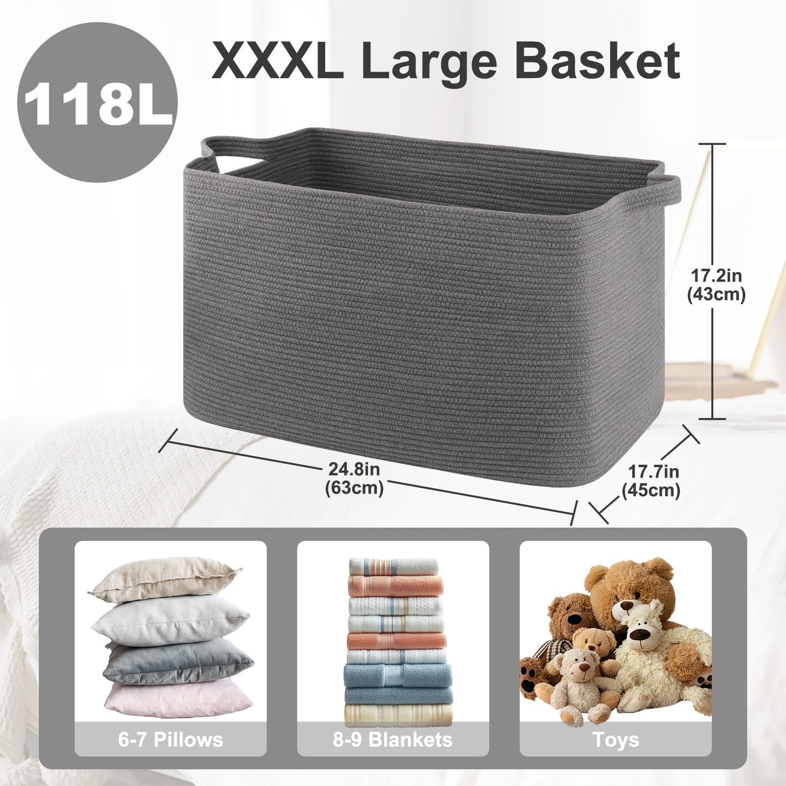95L Extra Large Blanket Basket, 24" x 16.9" x 14.2" Woven Storage Basket for Living Room, Rectangle Nursery Blanket Storage for Toys, Towels, Dirty Clothes (Black)