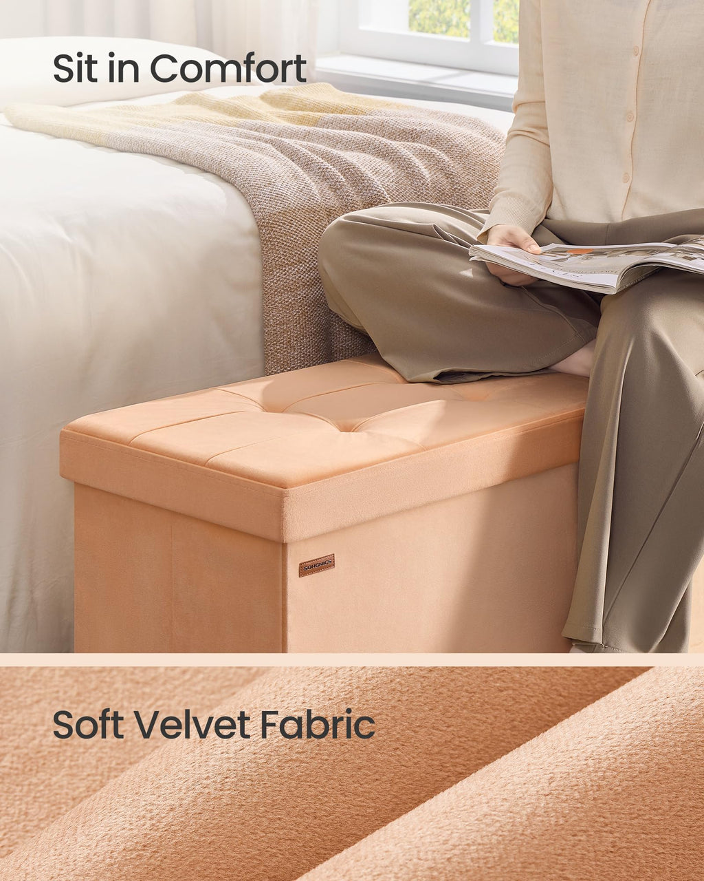 SONGMICS Mazie Collection - Storage Ottoman Bench, Foldable Foot Rest, 15 x 43 x 15 Inches, End of Bed Bench, Storage Chest, Load 660 lb, Living Room, Bedroom, Entryway, Jelly Pink ULSF277R01