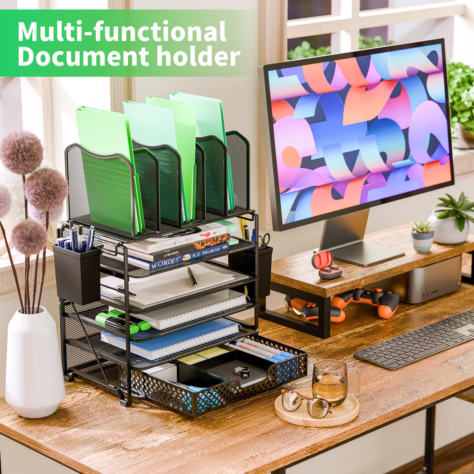 Simple Trending 7 Tier Desk File Organizer, Letter Tray Paper Organizer with Pen Holder and Metal Hanging Basket, Black