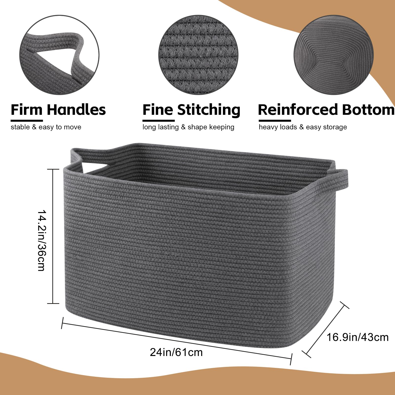 95L Extra Large Blanket Basket, 24" x 16.9" x 14.2" Woven Storage Basket for Living Room, Rectangle Nursery Blanket Storage for Toys, Towels, Dirty Clothes (Black)