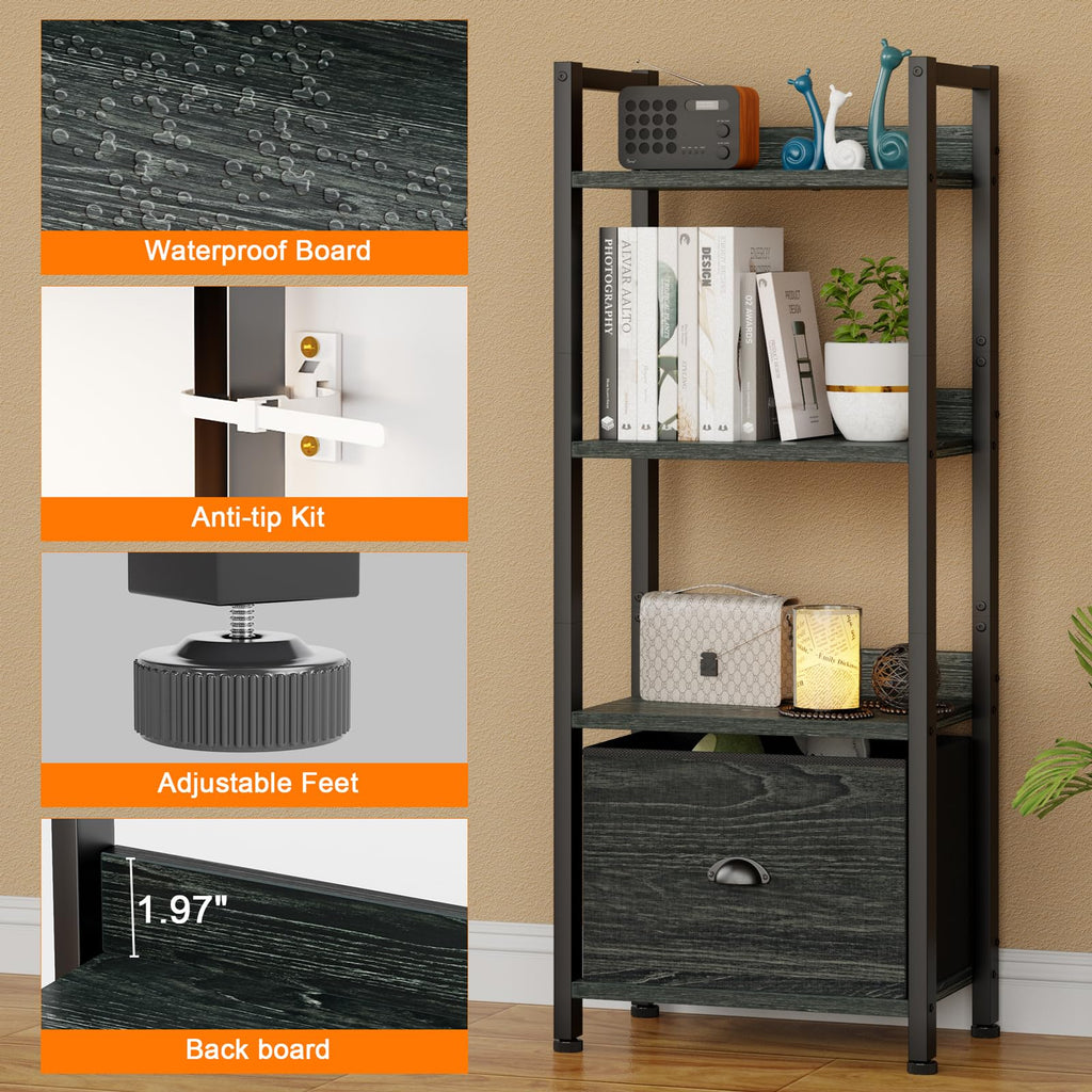 Furologee 5 Tier Bookshelf with Drawer, Tall Narrow Bookcase with Shelves, Wood and Metal Bookshelves Storage Organizer, Industrial Display Standing Shelf Unit for Bedroom, Living Room, Rustic Brown