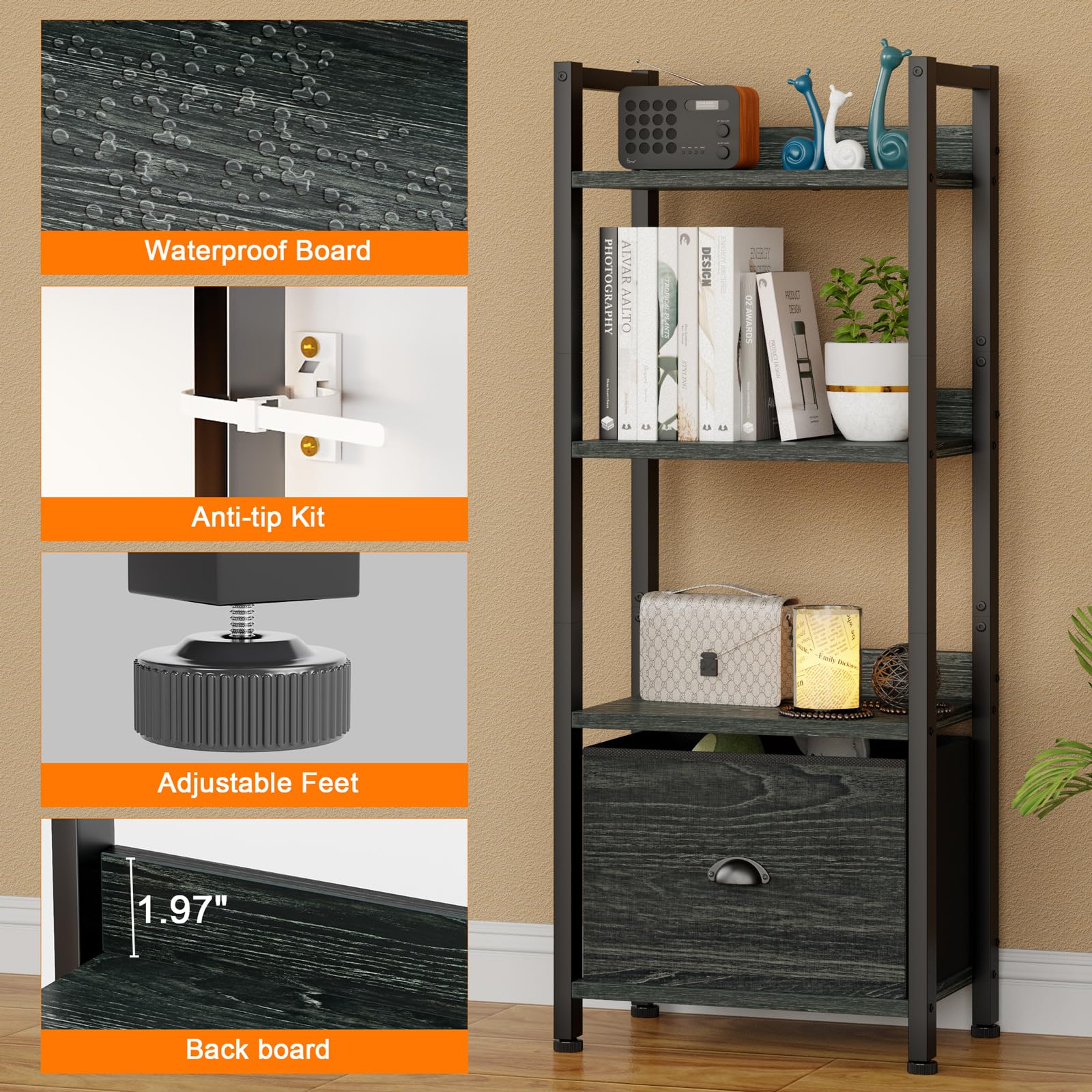 Furologee 5 Tier Bookshelf with Drawer, Tall Narrow Bookcase with Shelves, Wood and Metal Bookshelves Storage Organizer, Industrial Display Standing Shelf Unit for Bedroom, Living Room, Rustic Brown