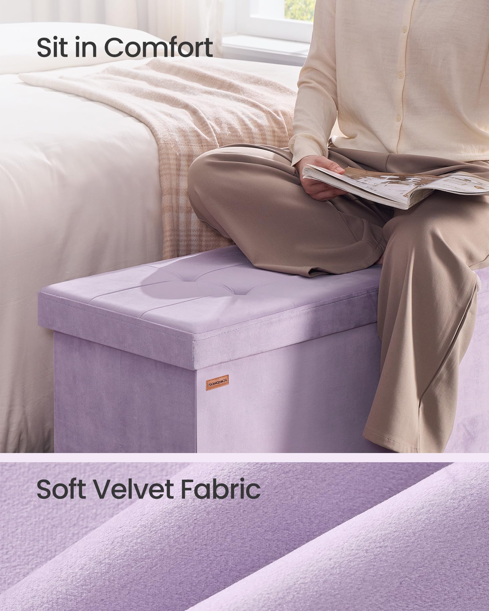 SONGMICS Mazie Collection - Storage Ottoman Bench, Foldable Foot Rest, 15 x 43 x 15 Inches, End of Bed Bench, Storage Chest, Load 660 lb, Living Room, Bedroom, Entryway, Jelly Pink ULSF277R01