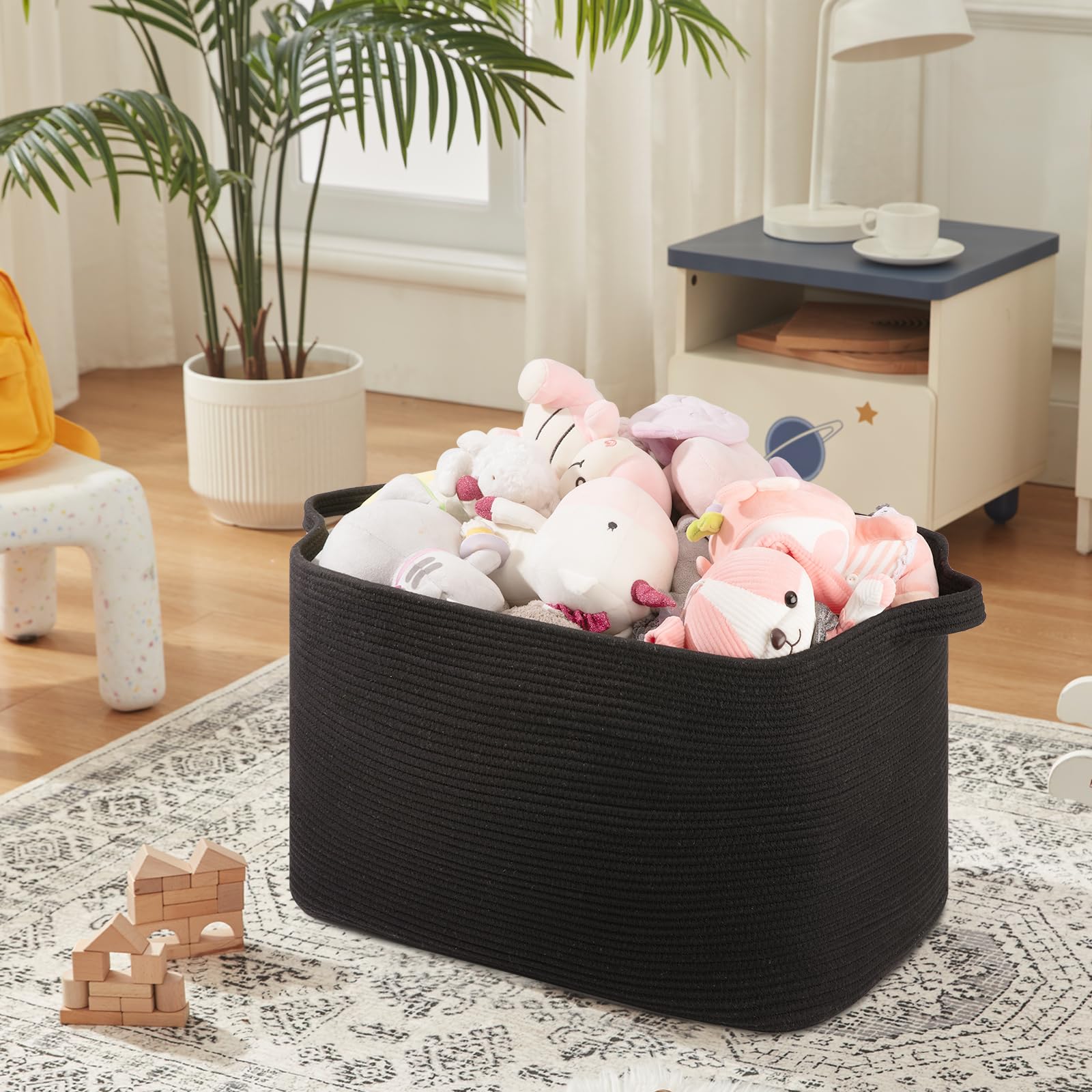 95L Extra Large Blanket Basket, 24" x 16.9" x 14.2" Woven Storage Basket for Living Room, Rectangle Nursery Blanket Storage for Toys, Towels, Dirty Clothes (Black)