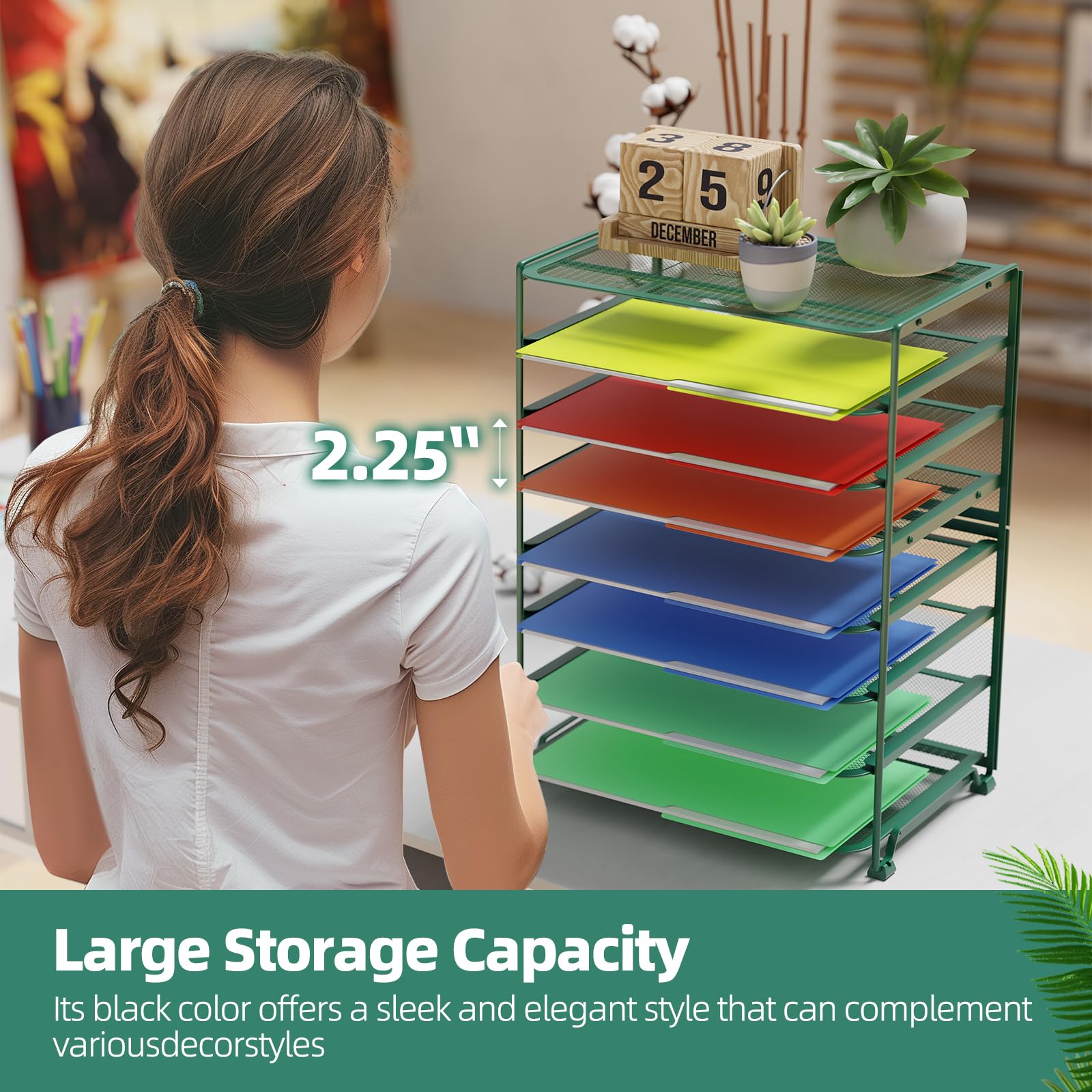 Simple Trending 7 Tier Desk File Organizer, Letter Tray Paper Organizer with Pen Holder and Metal Hanging Basket, Black