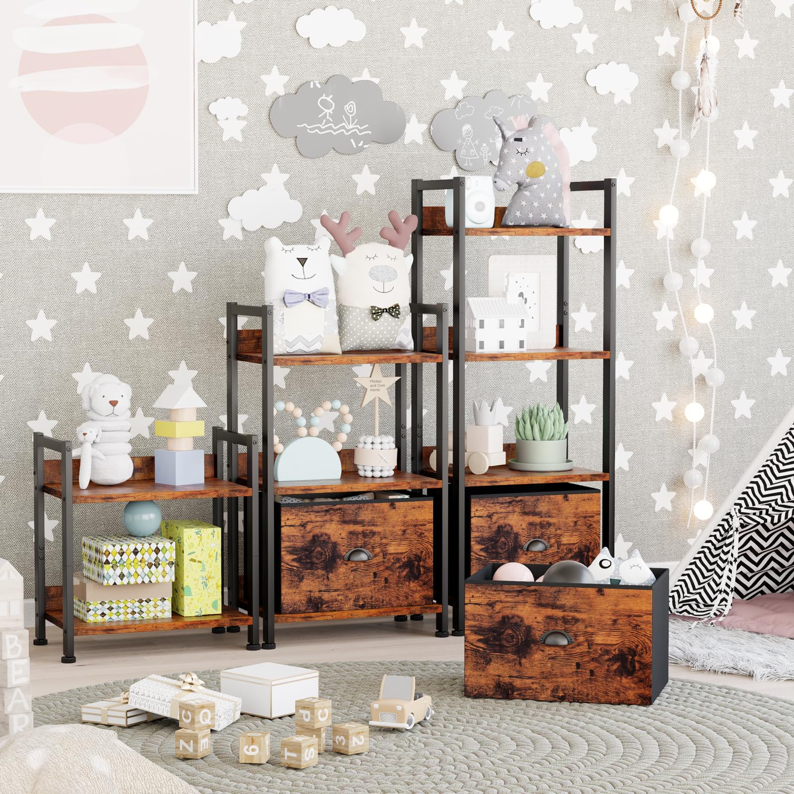 Furologee 5 Tier Bookshelf with Drawer, Tall Narrow Bookcase with Shelves, Wood and Metal Bookshelves Storage Organizer, Industrial Display Standing Shelf Unit for Bedroom, Living Room, Rustic Brown