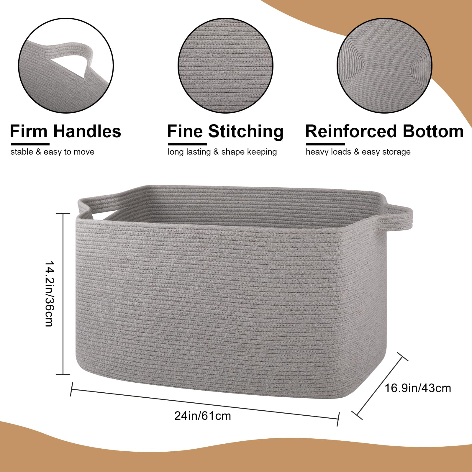 95L Extra Large Blanket Basket, 24" x 16.9" x 14.2" Woven Storage Basket for Living Room, Rectangle Nursery Blanket Storage for Toys, Towels, Dirty Clothes (Black)