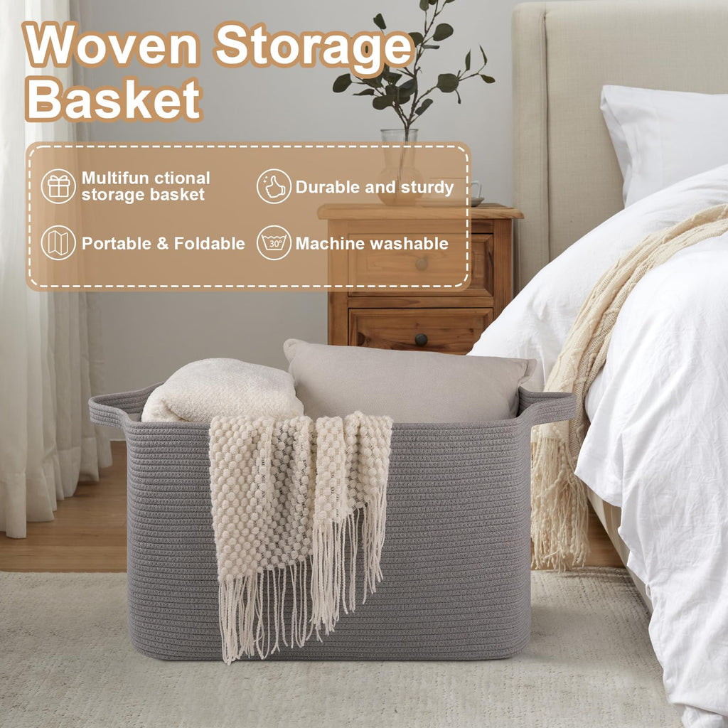 95L Extra Large Blanket Basket, 24" x 16.9" x 14.2" Woven Storage Basket for Living Room, Rectangle Nursery Blanket Storage for Toys, Towels, Dirty Clothes (Black)