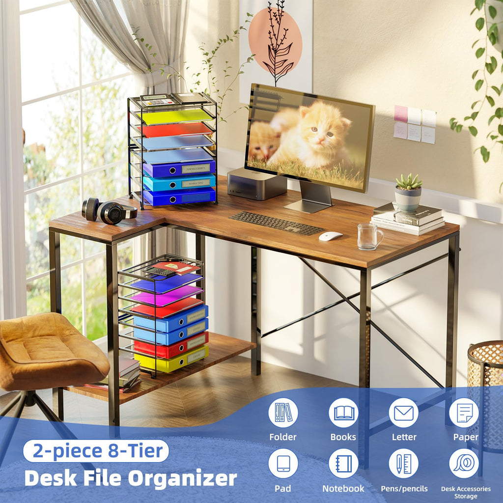 Simple Trending 7 Tier Desk File Organizer, Letter Tray Paper Organizer with Pen Holder and Metal Hanging Basket, Black