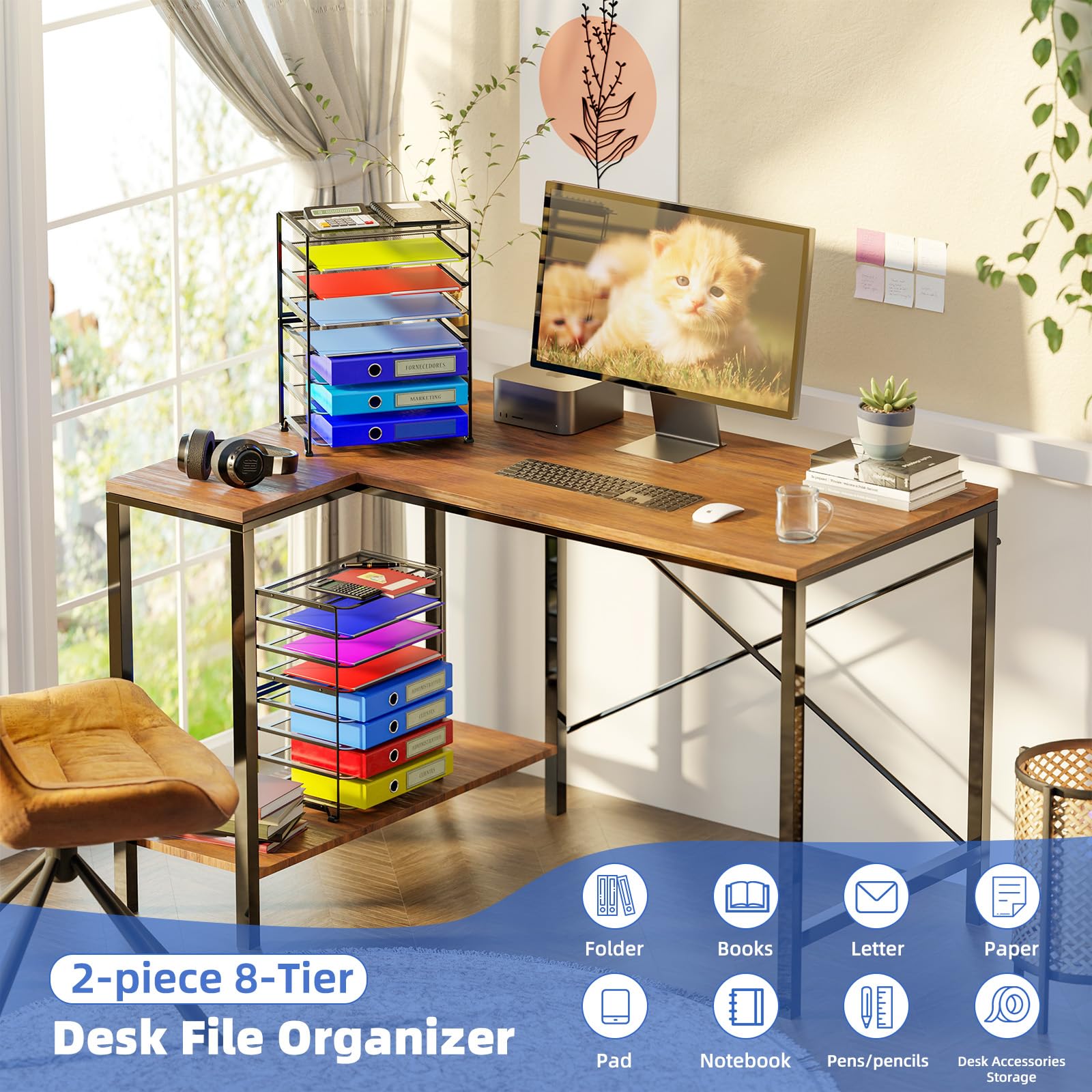 Simple Trending 7 Tier Desk File Organizer, Letter Tray Paper Organizer with Pen Holder and Metal Hanging Basket, Black