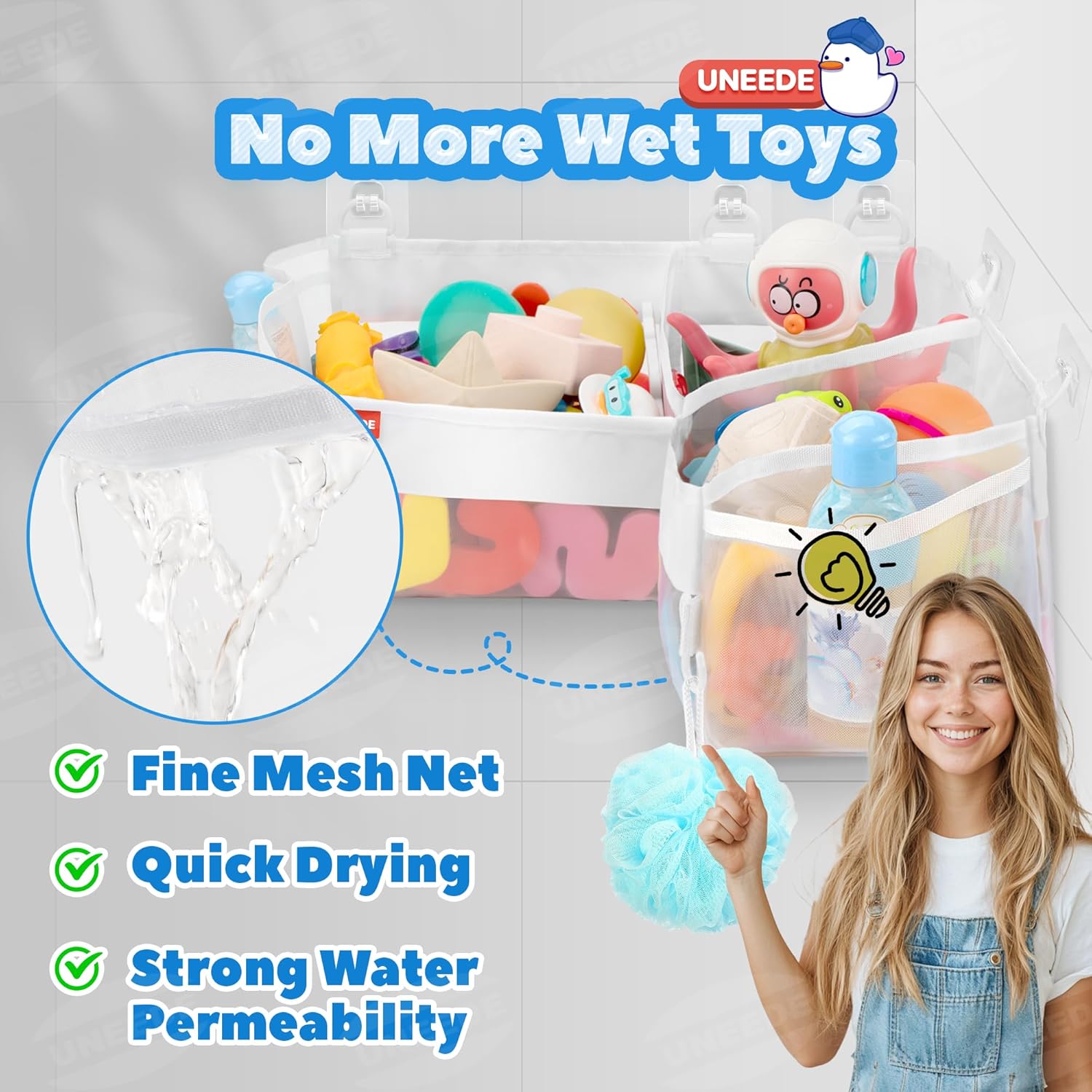 UNEEDE Bath Toy Storage - 3 Compartment Corner Bath Toy Storage Organizer, 4 Gallons Quick-Drying Bath Toy Holder, Machine-Washable Bathtub Toy Storage for Classify Toys & Bath Supplies
