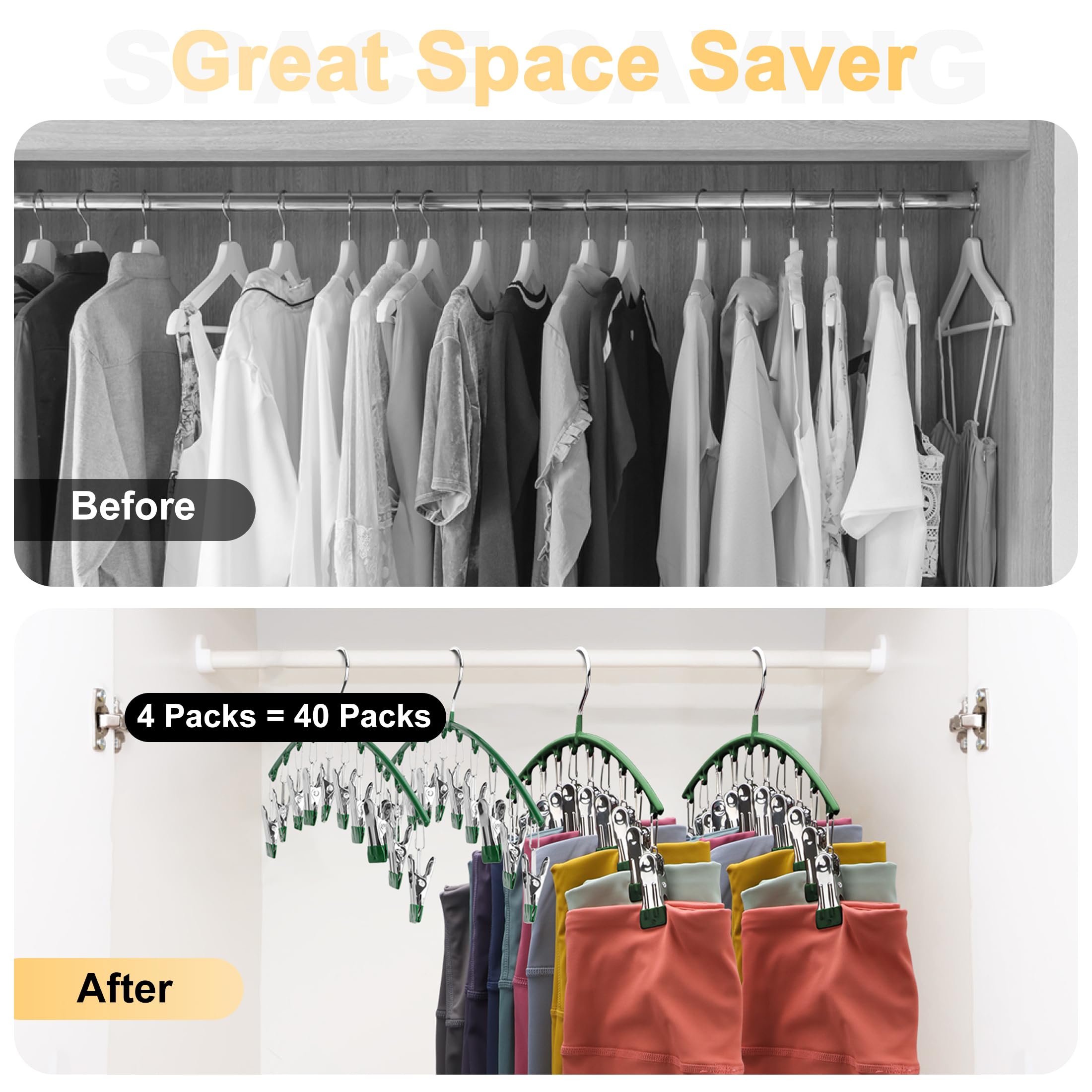 Legging Organizer for Closet, Metal Yoga Pants Hangers 2 Pack w/10 Clips Holds 20 Leggings, Space Saving Hanging Closet Organizer w/Rubber Coated Closet Organizers and Storage, Black