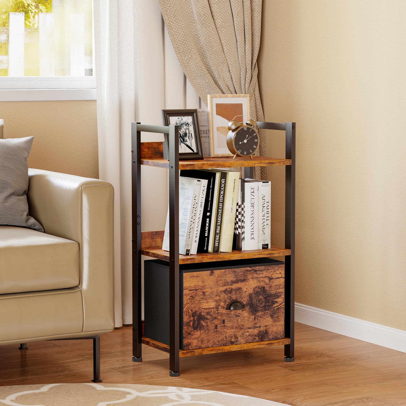 Furologee 5 Tier Bookshelf with Drawer, Tall Narrow Bookcase with Shelves, Wood and Metal Bookshelves Storage Organizer, Industrial Display Standing Shelf Unit for Bedroom, Living Room, Rustic Brown