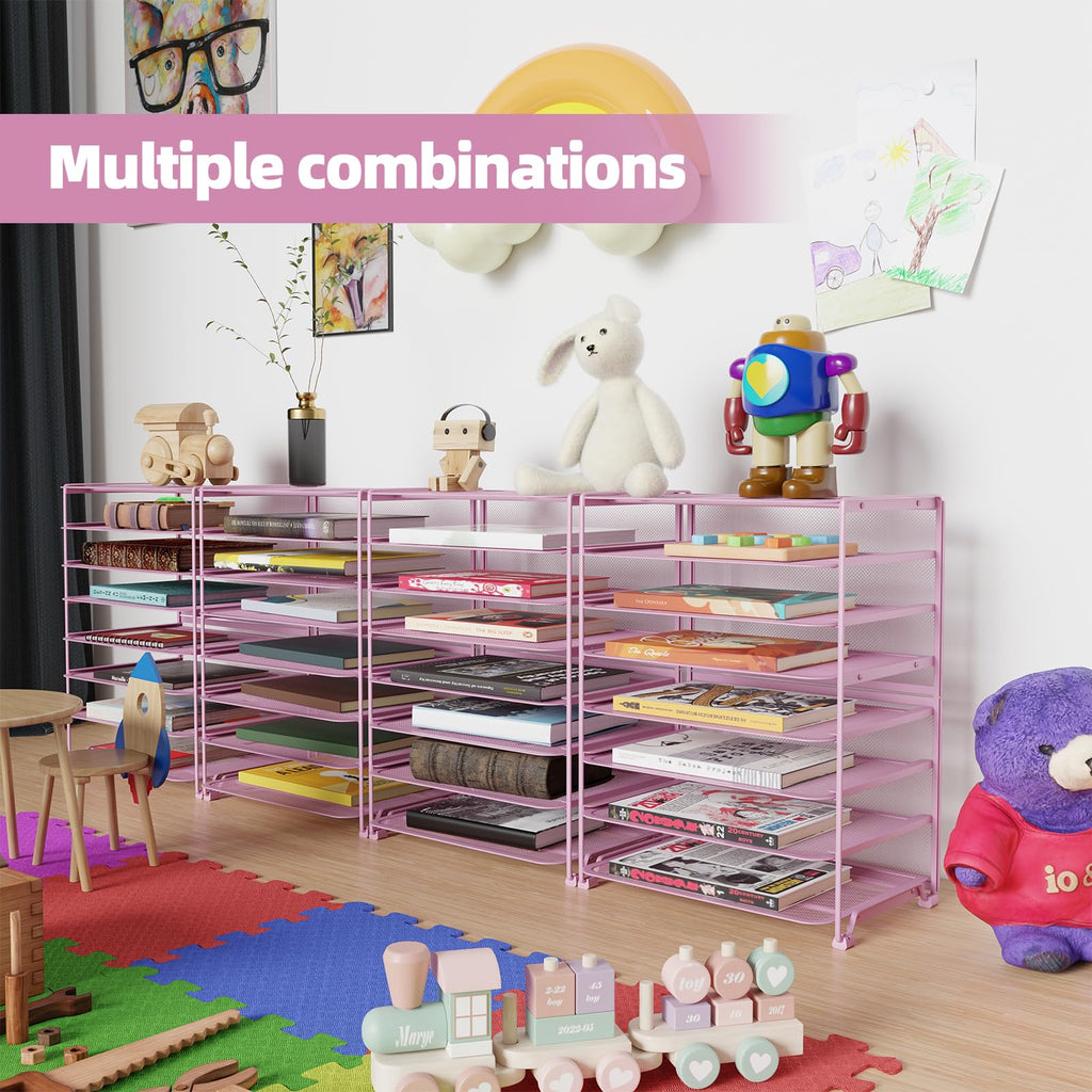 Simple Trending 7 Tier Desk File Organizer, Letter Tray Paper Organizer with Pen Holder and Metal Hanging Basket, Black