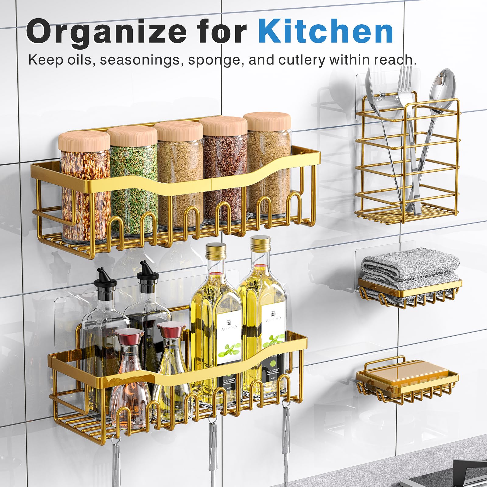 EUDELE Adhesive Shower Caddy, 5 Pack Rustproof Stainless Steel Bath Organizers With Large Capacity, No Drilling Shelves for Bathroom Storage & Home Decor