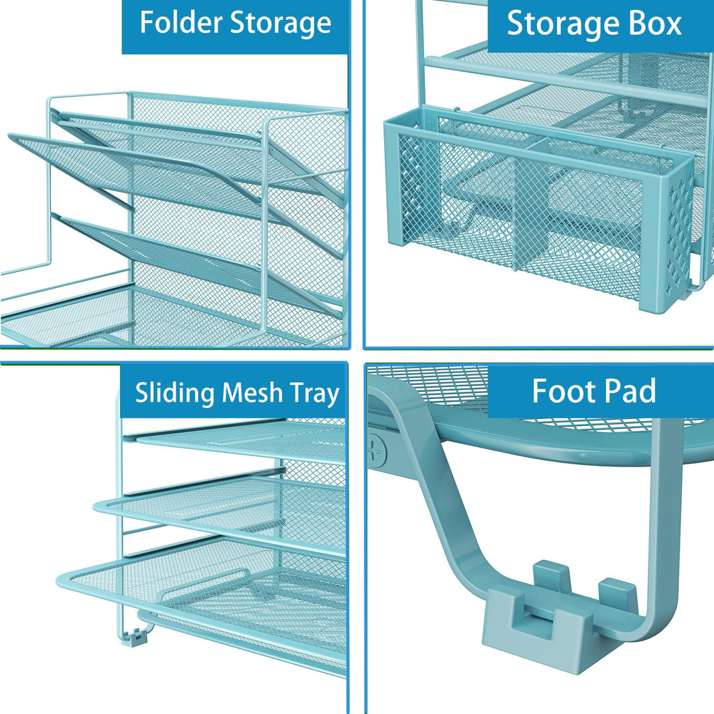 Simple Trending 7 Tier Desk File Organizer, Letter Tray Paper Organizer with Pen Holder and Metal Hanging Basket, Black