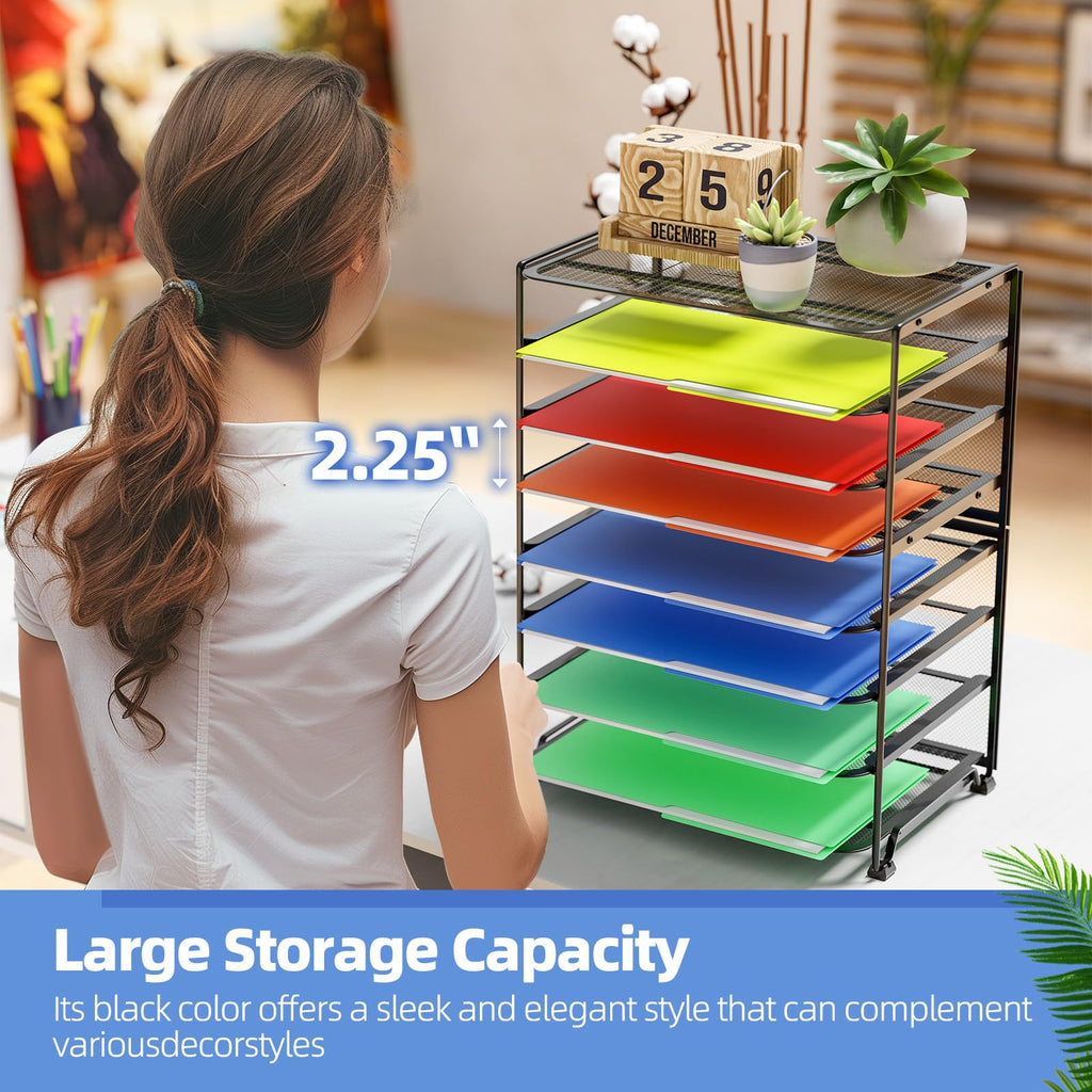 Simple Trending 7 Tier Desk File Organizer, Letter Tray Paper Organizer with Pen Holder and Metal Hanging Basket, Black