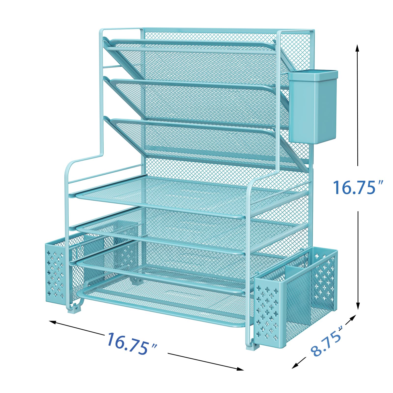 Simple Trending 7 Tier Desk File Organizer, Letter Tray Paper Organizer with Pen Holder and Metal Hanging Basket, Black