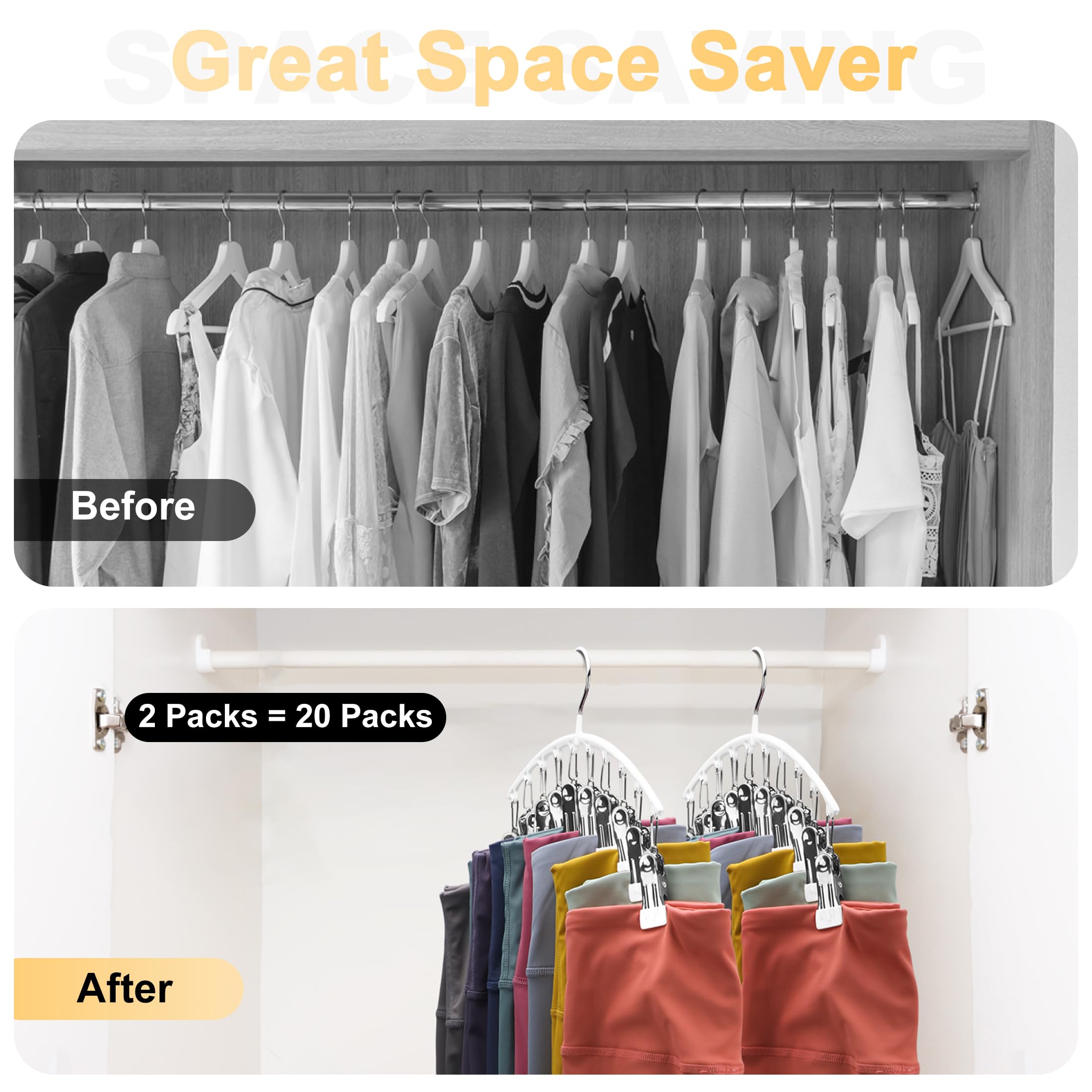 Legging Organizer for Closet, Metal Yoga Pants Hangers 2 Pack w/10 Clips Holds 20 Leggings, Space Saving Hanging Closet Organizer w/Rubber Coated Closet Organizers and Storage, Black