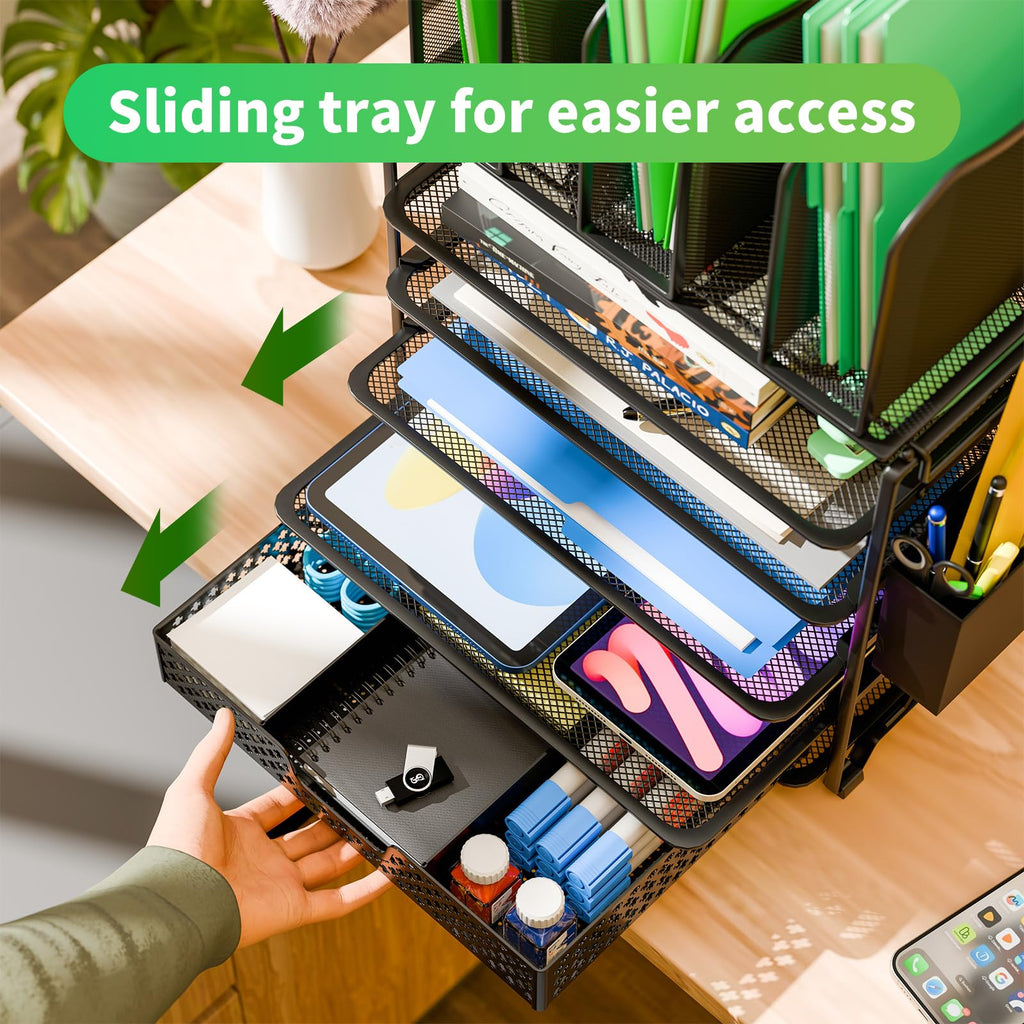 Simple Trending 7 Tier Desk File Organizer, Letter Tray Paper Organizer with Pen Holder and Metal Hanging Basket, Black