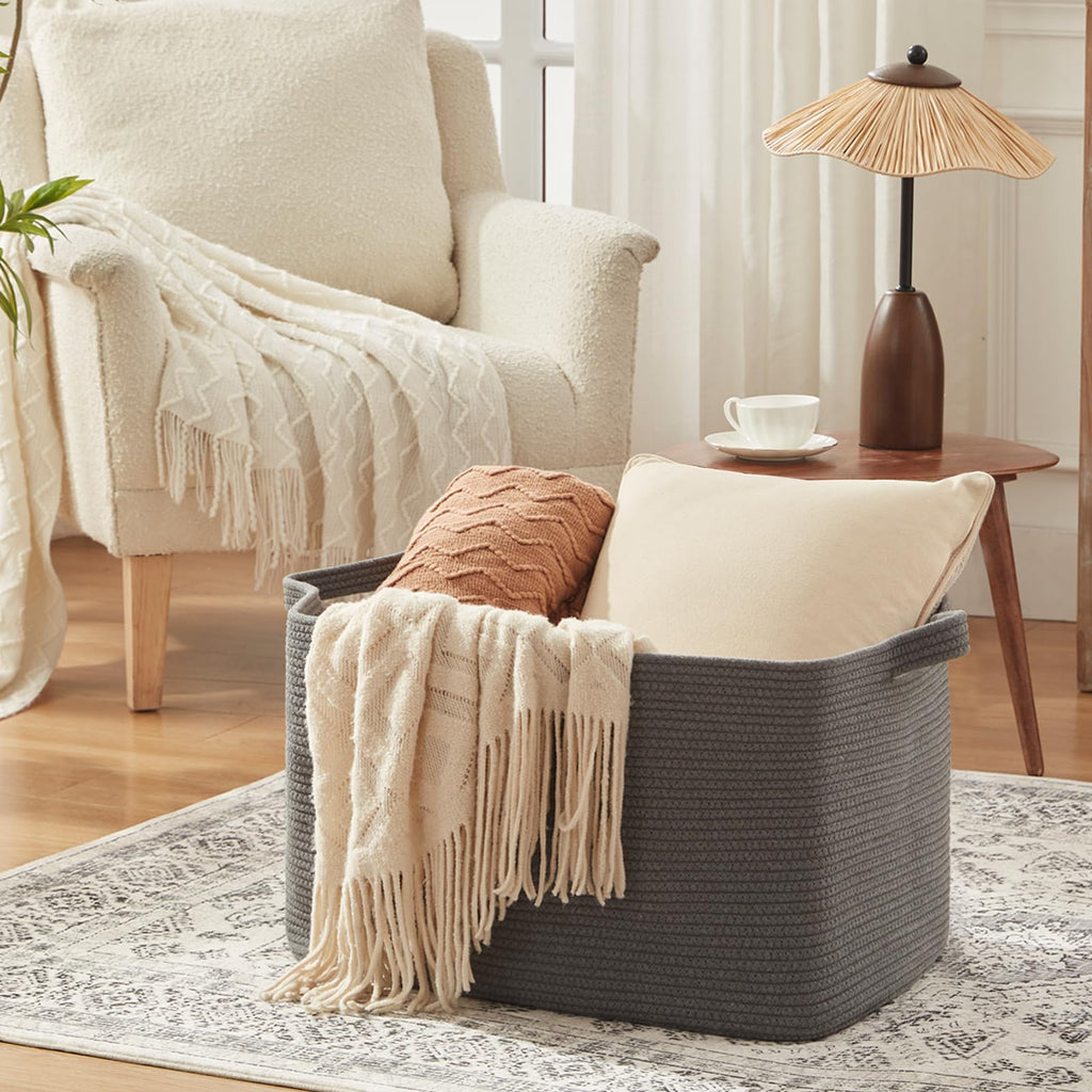 95L Extra Large Blanket Basket, 24" x 16.9" x 14.2" Woven Storage Basket for Living Room, Rectangle Nursery Blanket Storage for Toys, Towels, Dirty Clothes (Black)