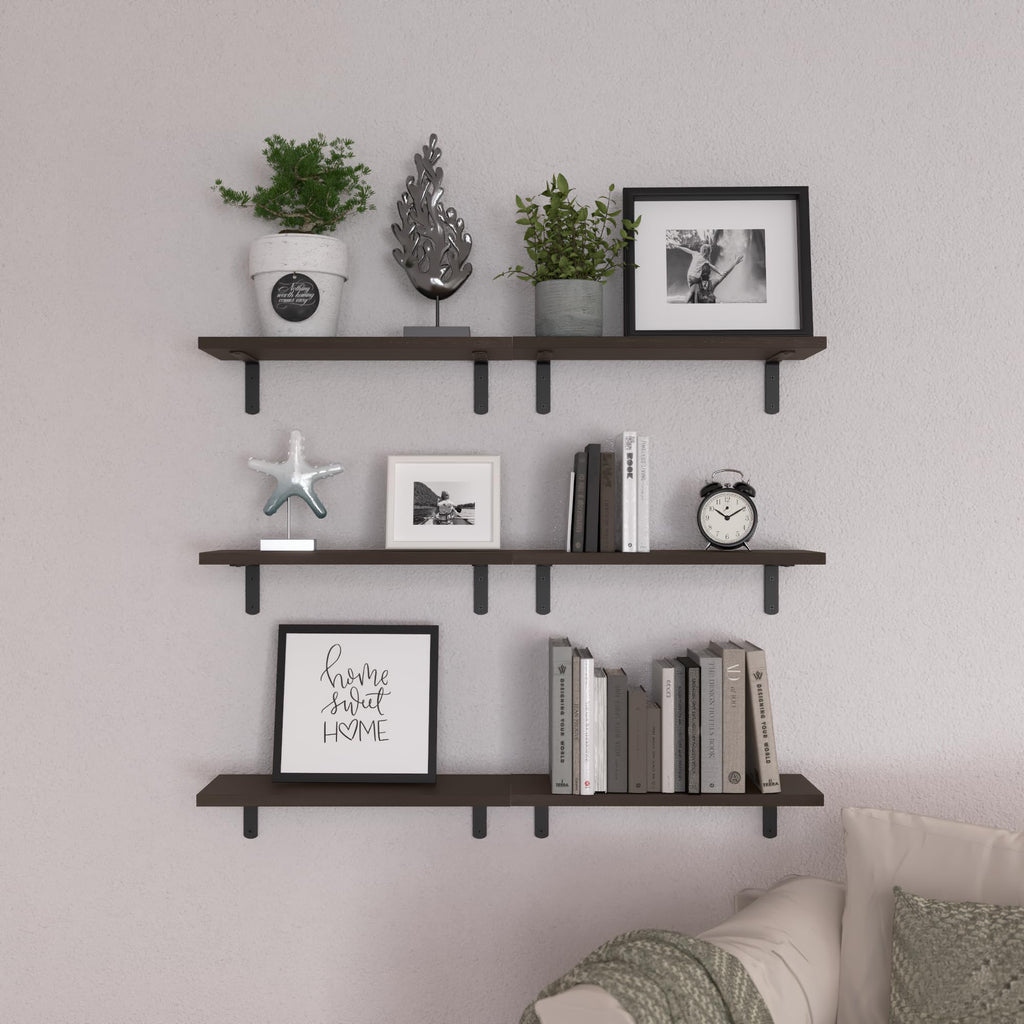WOPITUES Wood Floating Shelves Set of 6, Shelves for Wall Decor, Farmhouse Shelf for Bedroom, Bathroom Storage Shelves, Book Shelves for Living Room - Rustic Brown