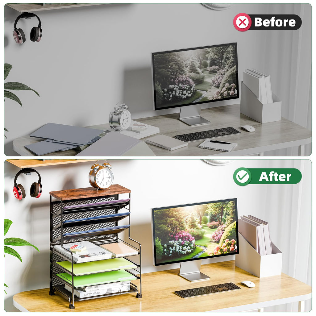 Simple Trending 7 Tier Desk File Organizer, Letter Tray Paper Organizer with Pen Holder and Metal Hanging Basket, Black