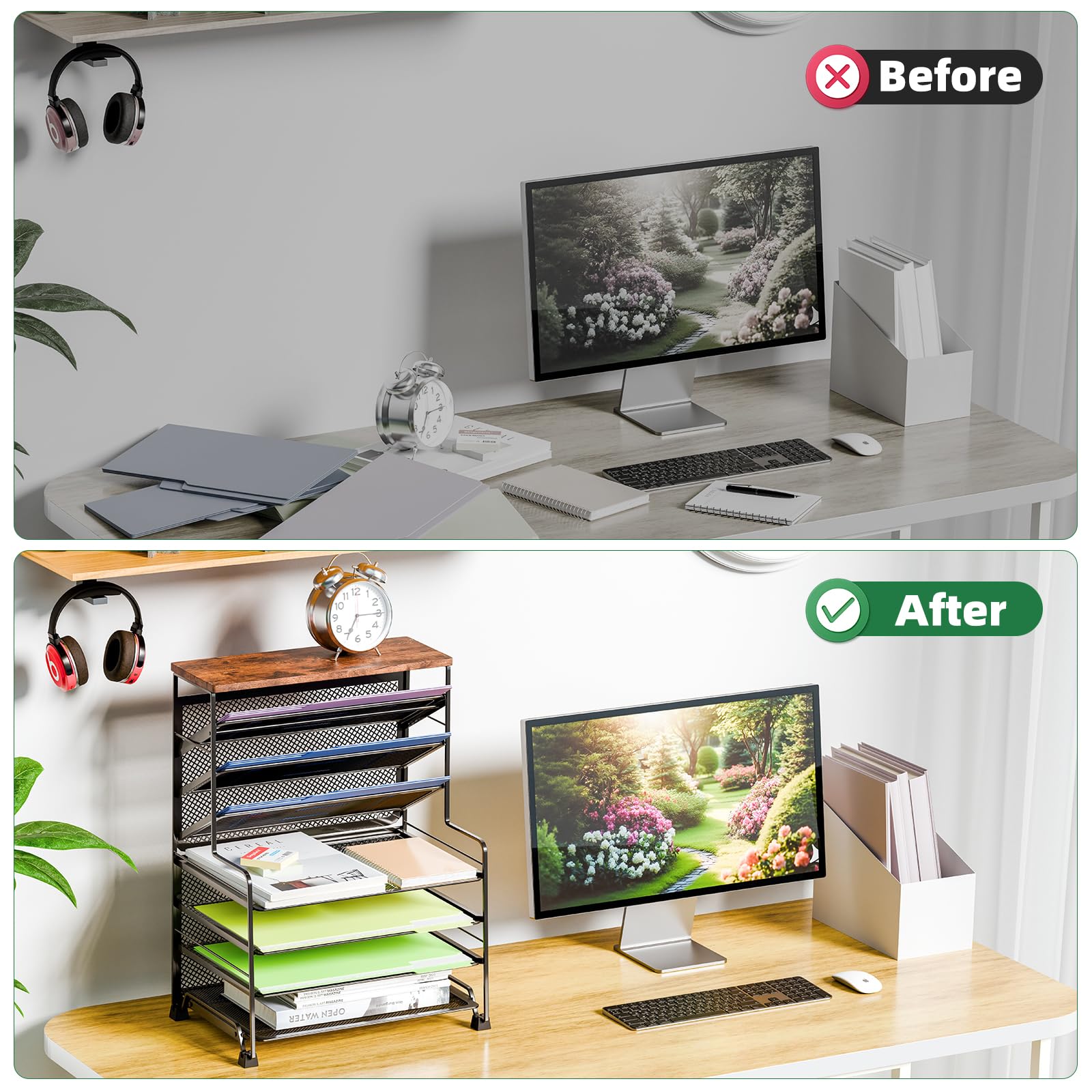 Simple Trending 7 Tier Desk File Organizer, Letter Tray Paper Organizer with Pen Holder and Metal Hanging Basket, Black