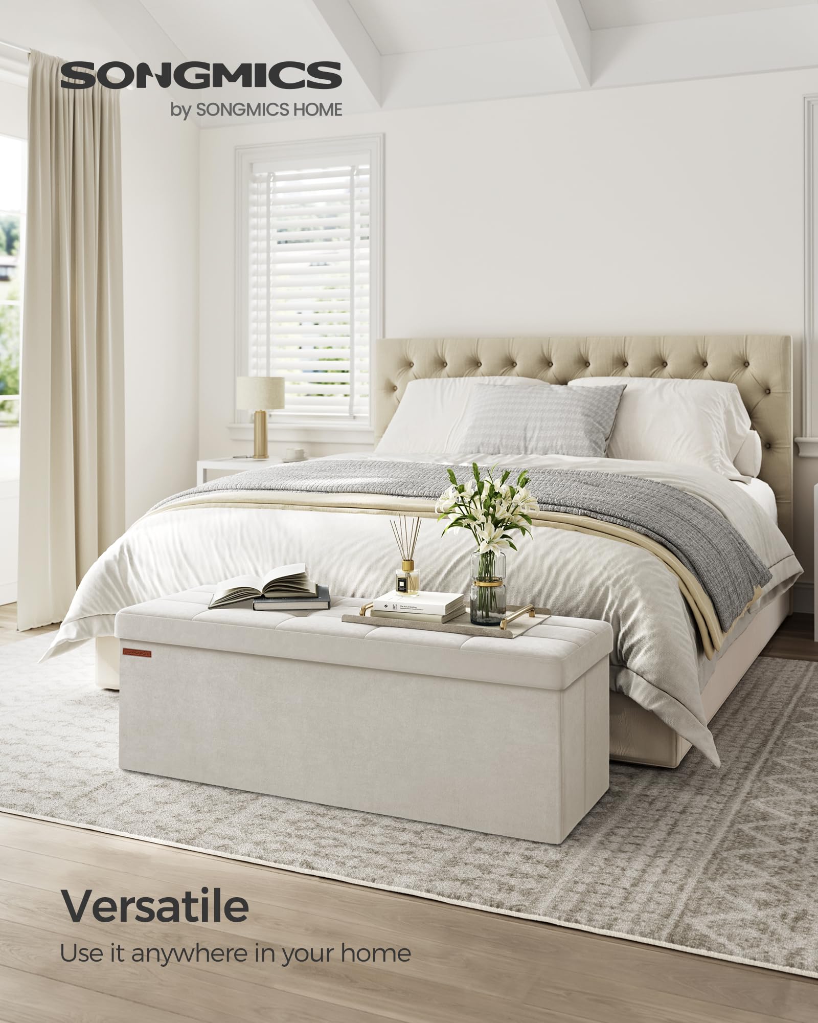 SONGMICS Mazie Collection - Storage Ottoman Bench, Foldable Foot Rest, 15 x 43 x 15 Inches, End of Bed Bench, Storage Chest, Load 660 lb, Living Room, Bedroom, Entryway, Jelly Pink ULSF277R01