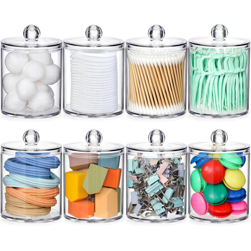 4 Pack Acrylic Qtip Holder Dispenser for Cotton Swabs, Balls, Pads, Floss Picks- Small Clear Plastic Canister Apothecary Jar Set, Bathroom Essentials Accessories Decor, Vanity Makeup Storage Organizer