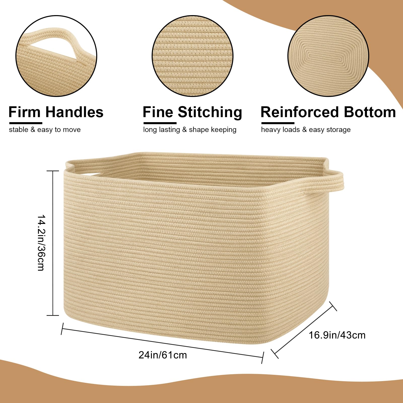 95L Extra Large Blanket Basket, 24" x 16.9" x 14.2" Woven Storage Basket for Living Room, Rectangle Nursery Blanket Storage for Toys, Towels, Dirty Clothes (Black)