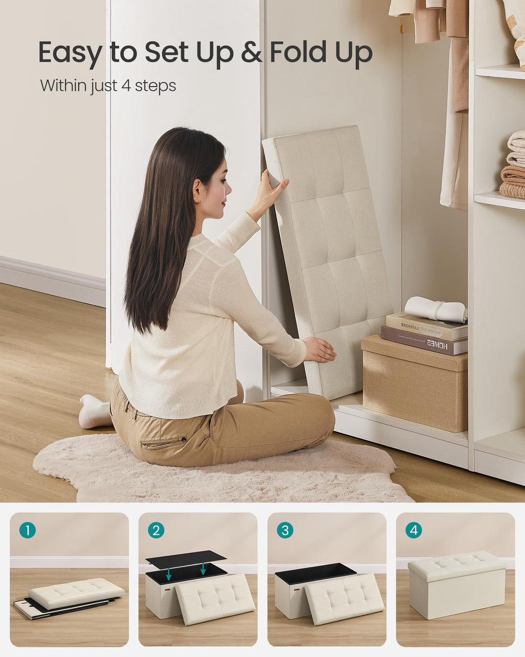 SONGMICS Mazie Collection - 30 Inches Folding Storage Ottoman Bench, Ottoman Foot Rest, End of Bed Bench, Storage Chest, Load 660 lb, for Living Room, Bedroom, Entryway, Ink Black ULSF047B01