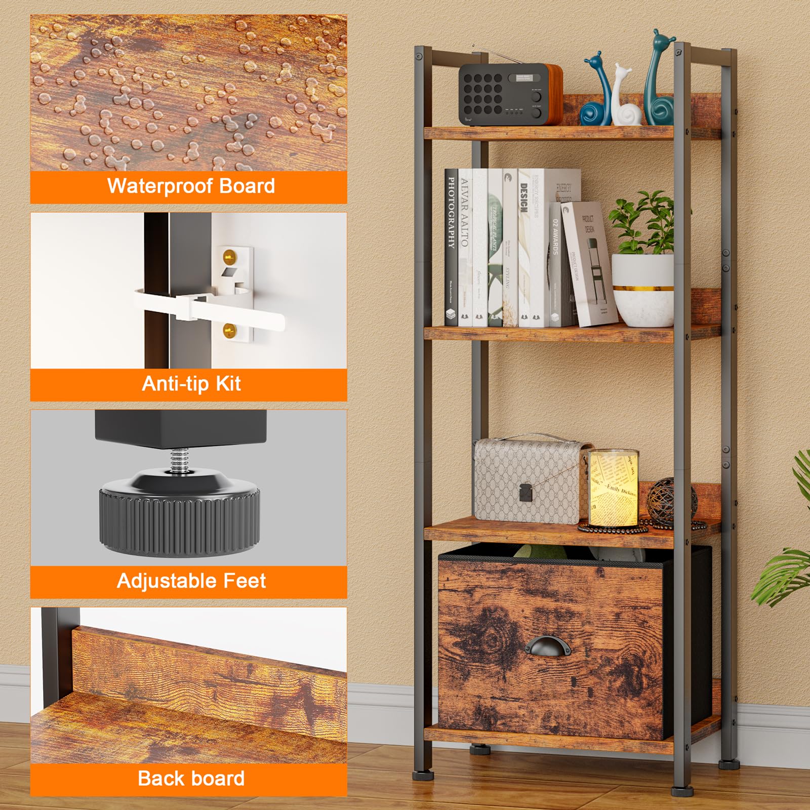 Furologee 5 Tier Bookshelf with Drawer, Tall Narrow Bookcase with Shelves, Wood and Metal Bookshelves Storage Organizer, Industrial Display Standing Shelf Unit for Bedroom, Living Room, Rustic Brown