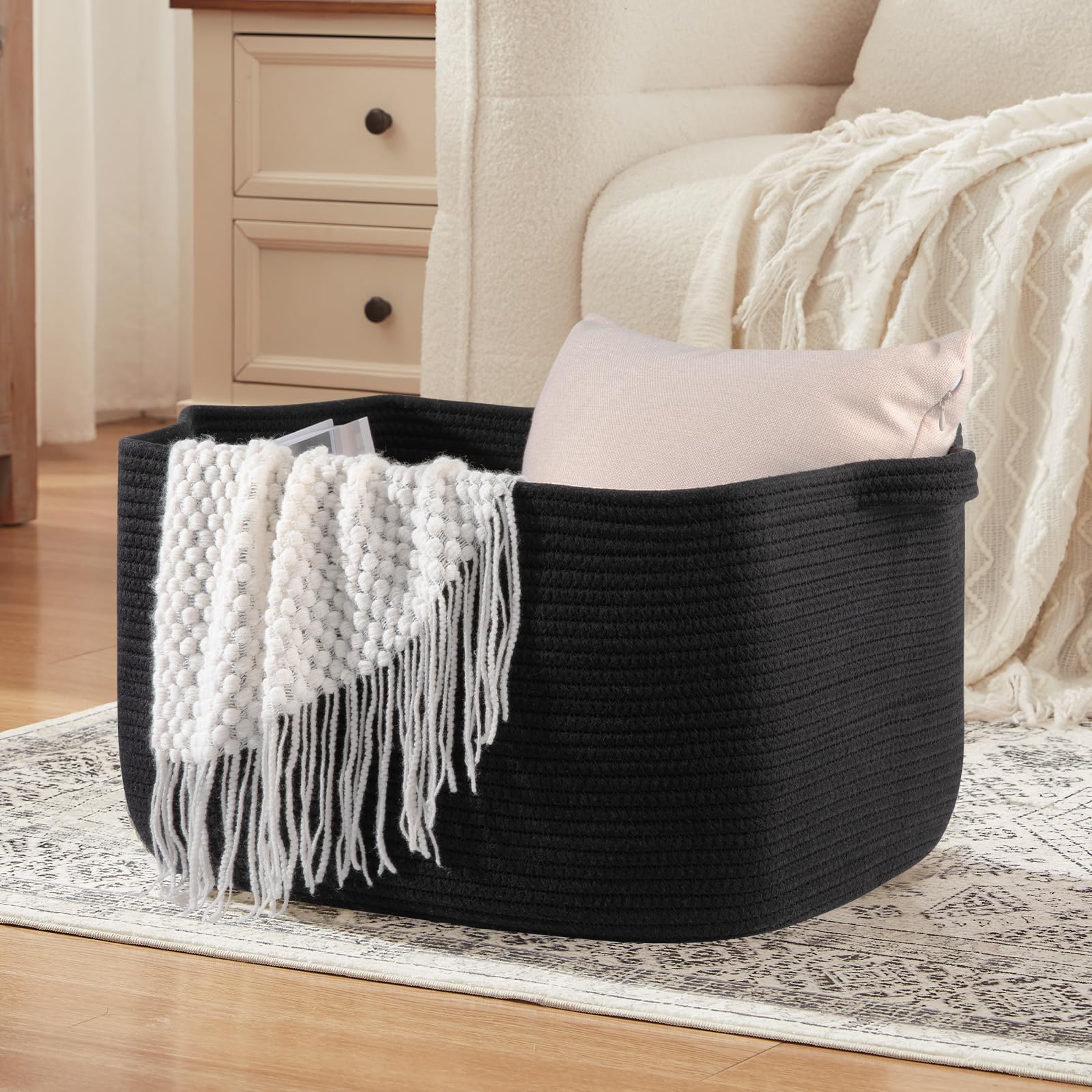 95L Extra Large Blanket Basket, 24" x 16.9" x 14.2" Woven Storage Basket for Living Room, Rectangle Nursery Blanket Storage for Toys, Towels, Dirty Clothes (Black)
