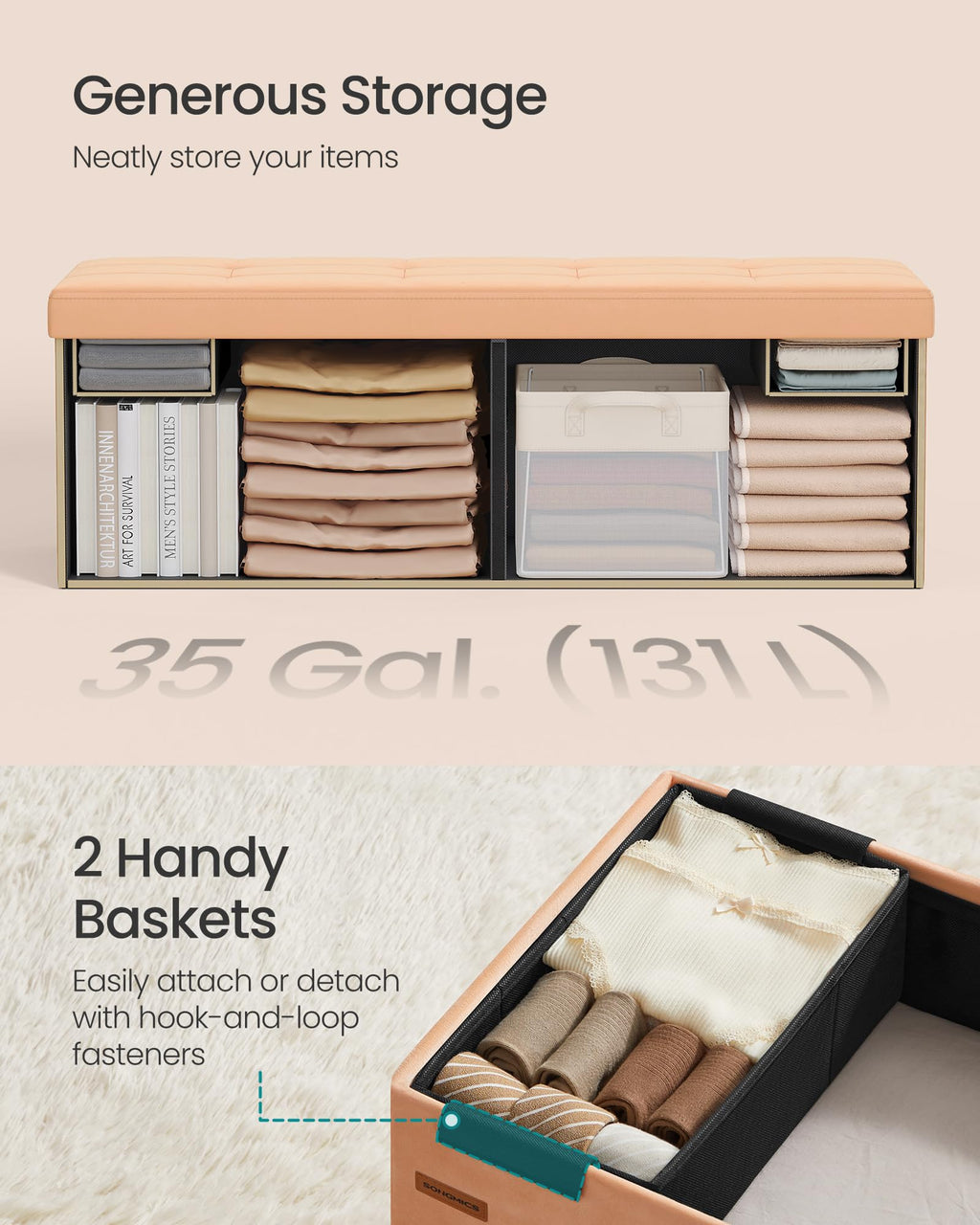 SONGMICS Mazie Collection - Storage Ottoman Bench, Foldable Foot Rest, 15 x 43 x 15 Inches, End of Bed Bench, Storage Chest, Load 660 lb, Living Room, Bedroom, Entryway, Jelly Pink ULSF277R01