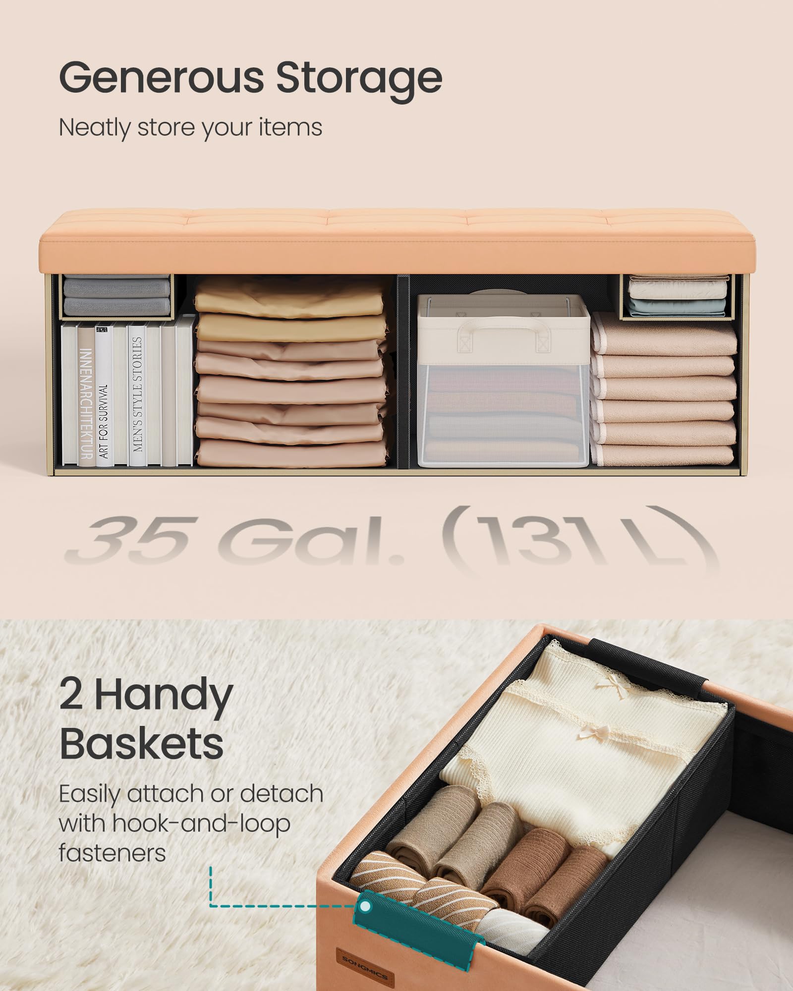 SONGMICS Mazie Collection - Storage Ottoman Bench, Foldable Foot Rest, 15 x 43 x 15 Inches, End of Bed Bench, Storage Chest, Load 660 lb, Living Room, Bedroom, Entryway, Jelly Pink ULSF277R01